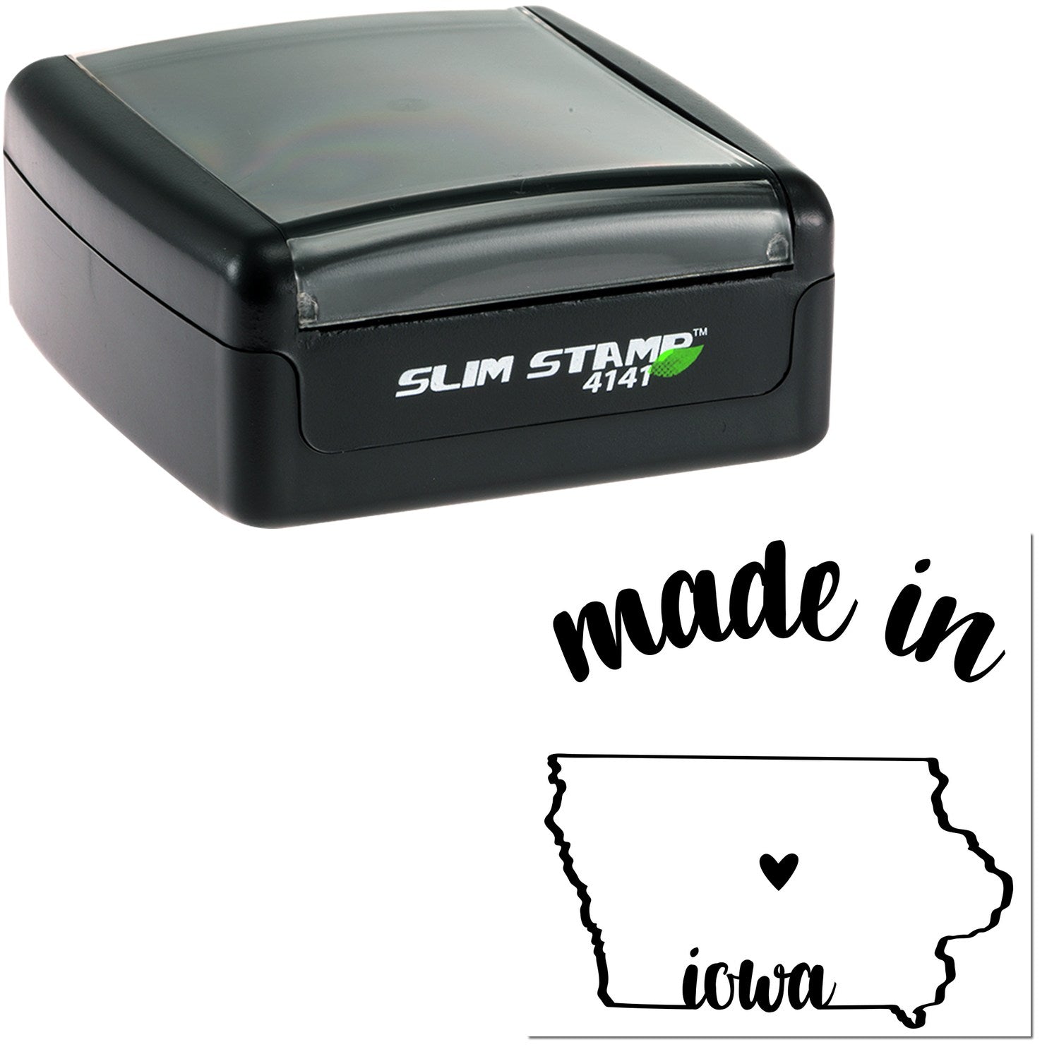 Slim Pre-Inked Stamp Iowa Made in Stamp, black casing, compact design, with 'made in Iowa' imprint featuring a heart inside the state outline.