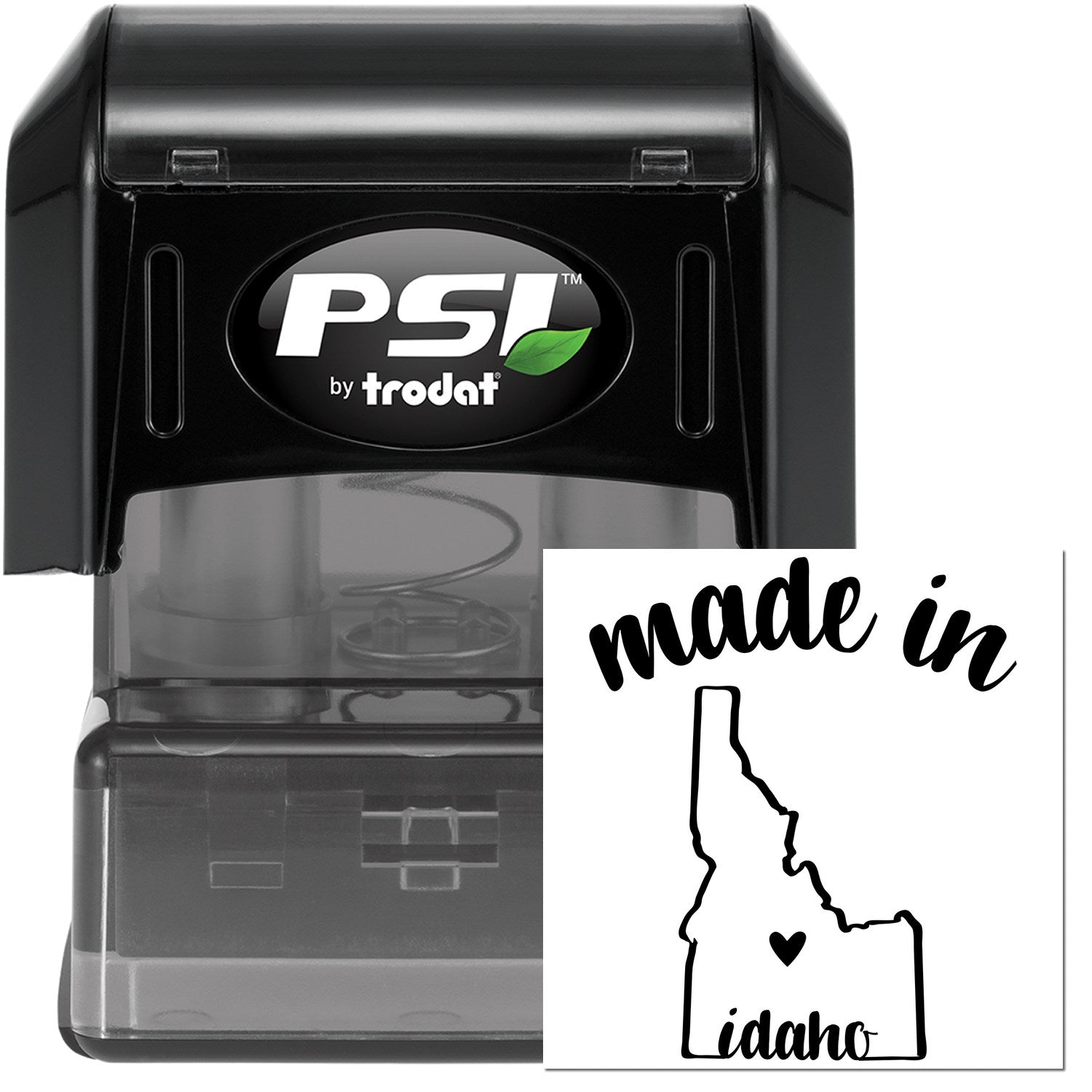 Made in Idaho Stamp Pre-Inked, featuring a black casing with 'PSI' logo and a stamp design of Idaho's outline with 'made in Idaho' text. Ideal for crafting and business use.