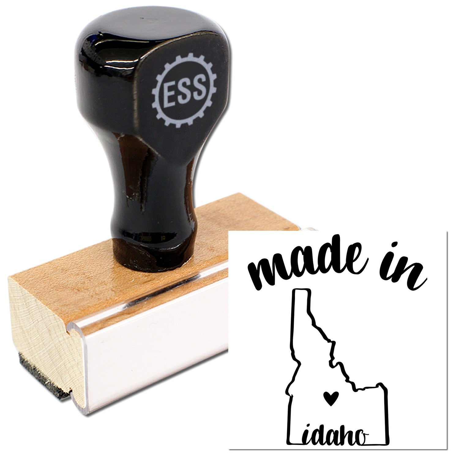 Made with Love in Idaho Rubber Stamp featuring a wooden handle and black rubber design, showcasing the state outline and text. Perfect for crafts and personalized projects.