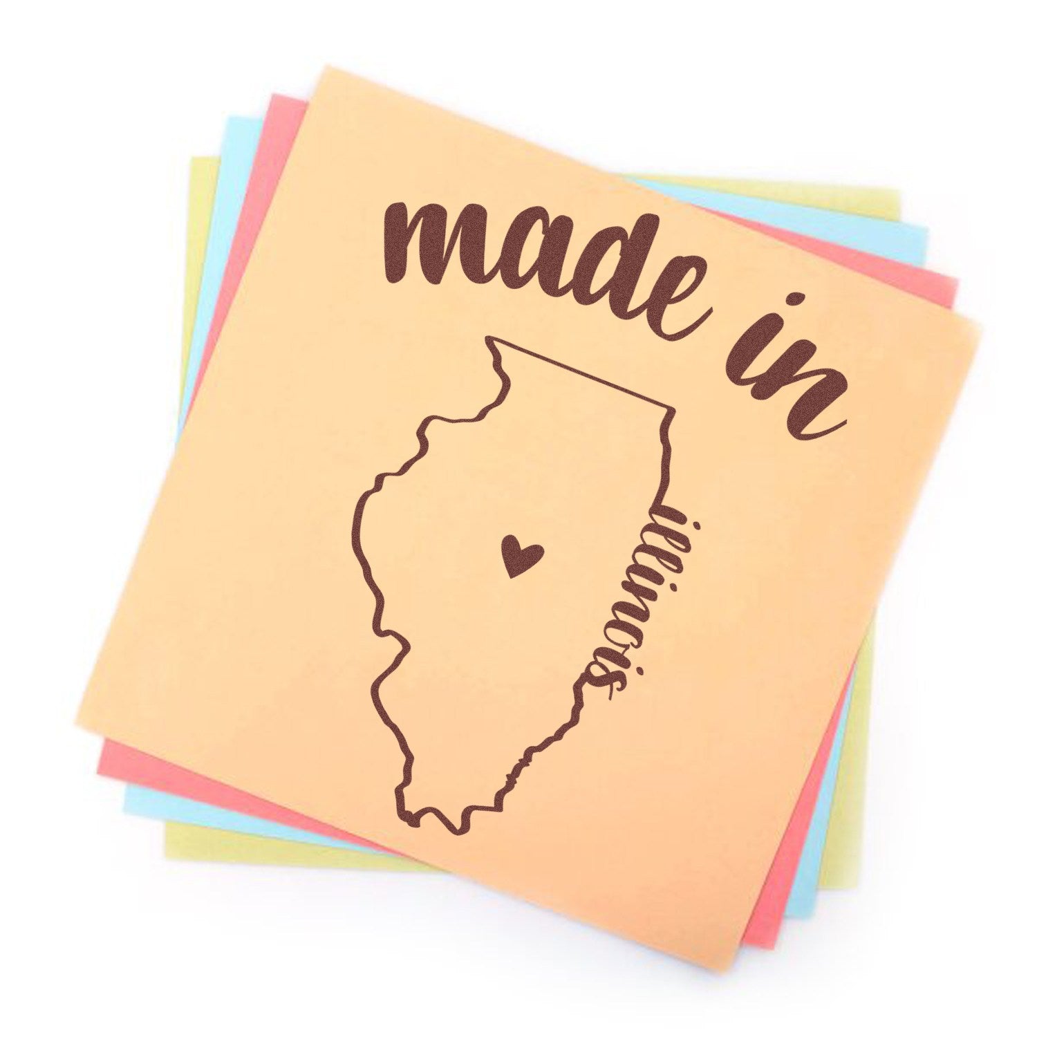 Made with Love in Illinois Rubber Stamp featuring a heart inside the state outline, with 'made in' text above. Perfect for crafts and gifts. Multicolored background.