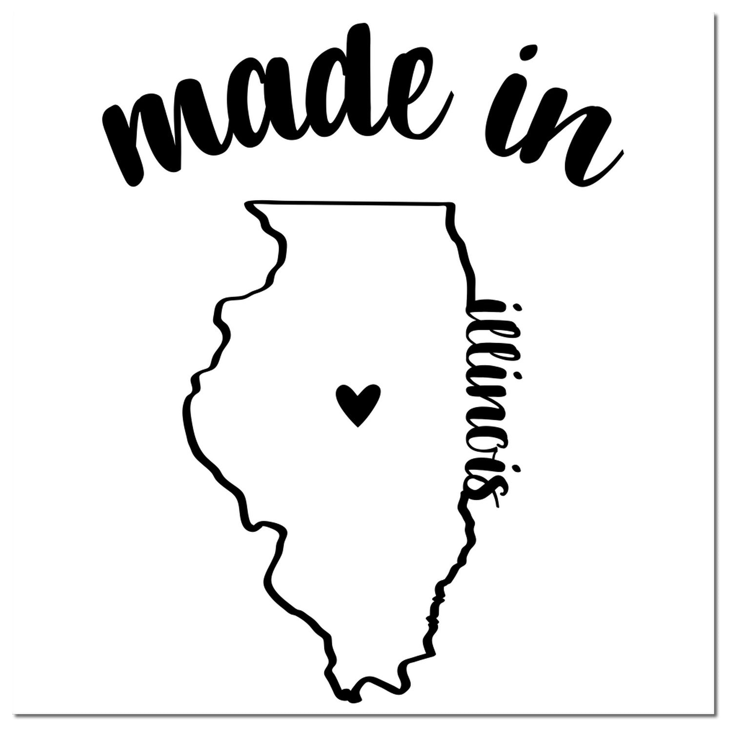 Made with Love in Illinois Rubber Stamp featuring a heart inside the state outline with 'made in' above and 'Illinois' beside. Perfect for crafts and gifts.