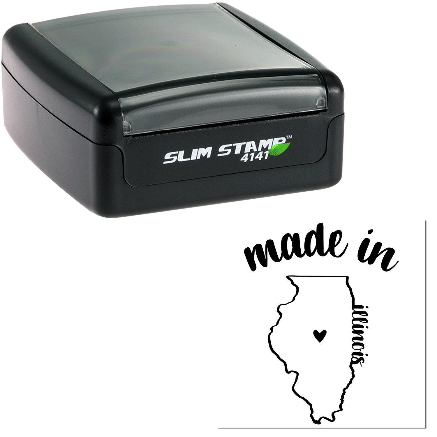 Slim Pre-Inked Stamp Illinois Made in Stamp, black, compact design with Made in Illinois imprint featuring state outline and heart. Ideal for efficient, high-quality stamping.