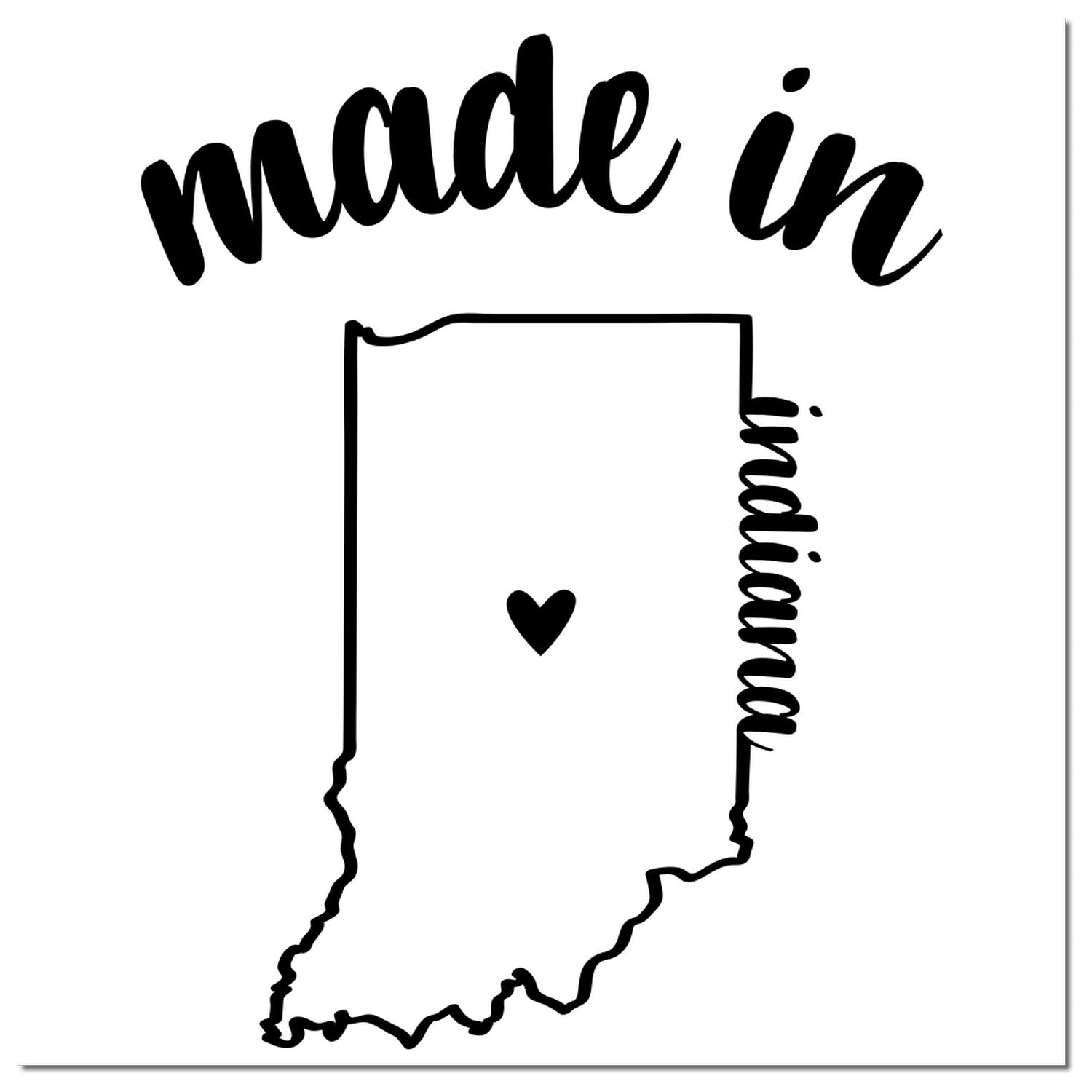 Made in Indiana Stamp Pre-Inked featuring a black outline of Indiana with a heart symbol, and 'made in' text above. Perfect for adding a personalized touch to your projects.