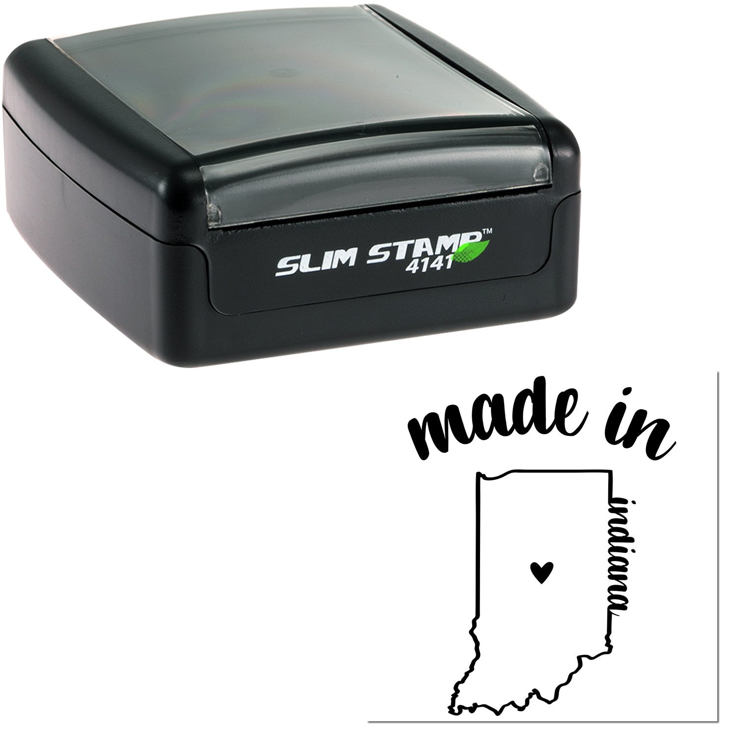 Slim Pre-Inked Stamp Indiana Made in Stamp, black casing with 'Slim Stamp 4141' label, featuring Indiana state outline with 'made in' text and heart symbol.