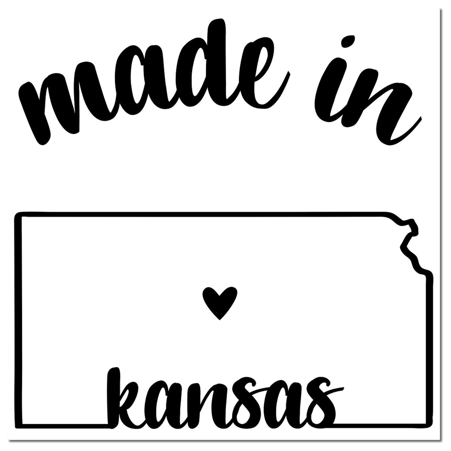 Self-Inking Handmade with Love in Kansas Stamp featuring 'made in kansas' text with a heart inside the state outline. Perfect for crafts and gifts. Black ink imprint.