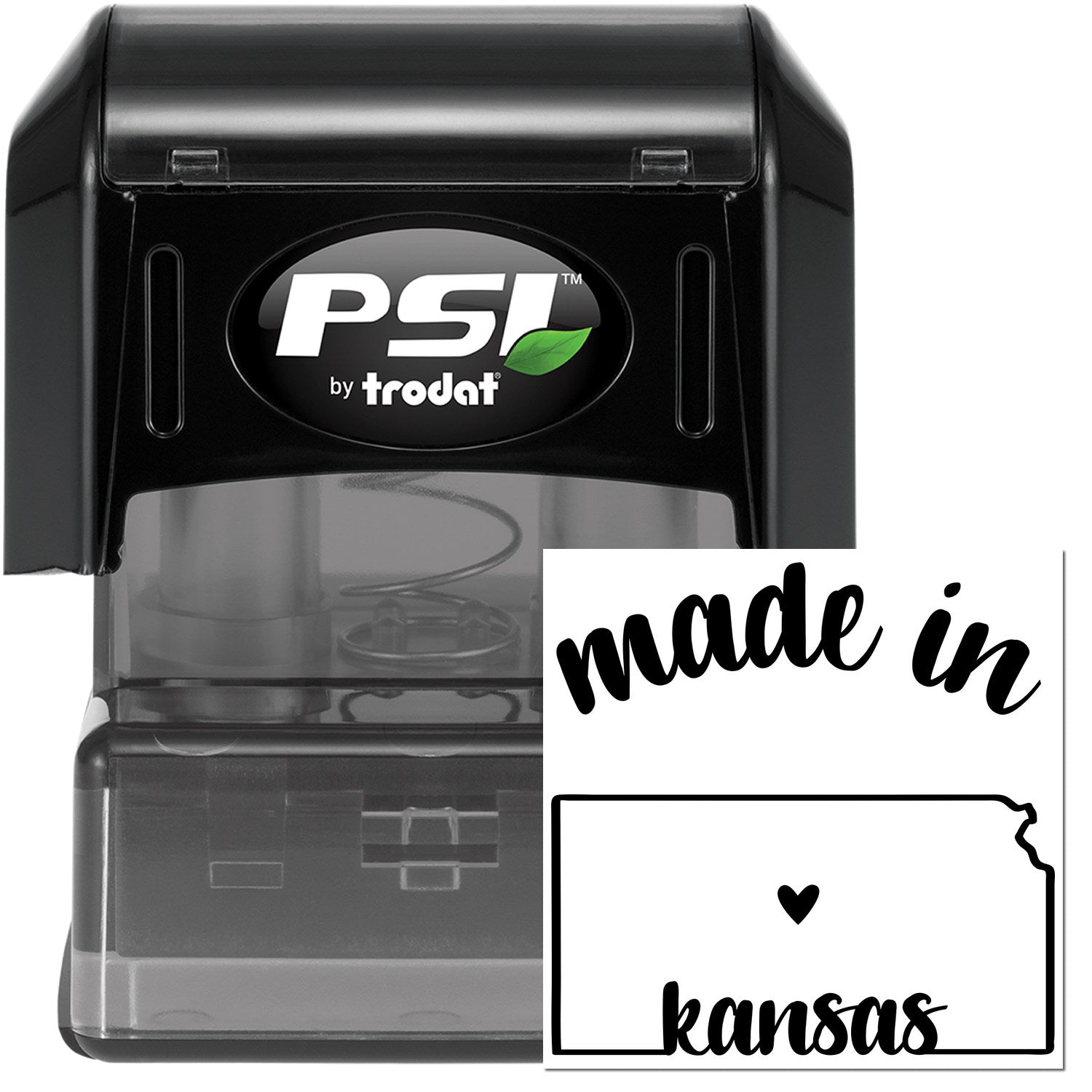 Made in Kansas Stamp Pre-Inked, featuring a black casing with 'PSI' logo and a stamp design of Kansas state outline with 'made in kansas' text and heart symbol.