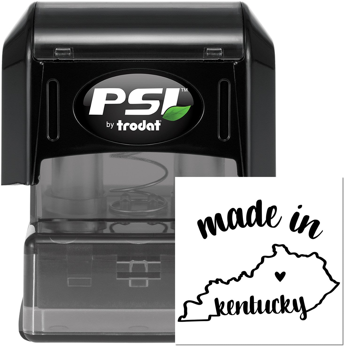 Made in Kentucky Stamp Pre-Inked, featuring a black casing with 'PSI by Trodat' logo and a stamp design of Kentucky's outline with 'made in kentucky' text and heart symbol.