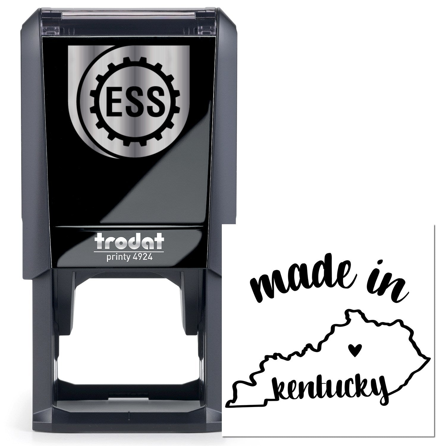 Self-Inking Handmade with Love in Kentucky Stamp featuring a sleek black design with ESS logo, perfect for adding a personal touch to crafts and gifts.