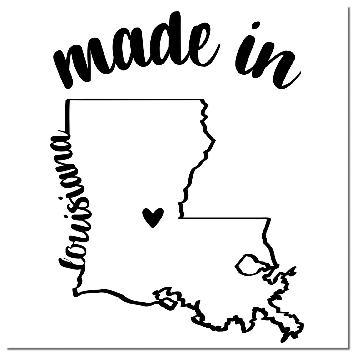 Made with Love in Louisiana Rubber Stamp featuring a heart inside the state outline with 'made in' above and 'Louisiana' along the side. Black design on white background.