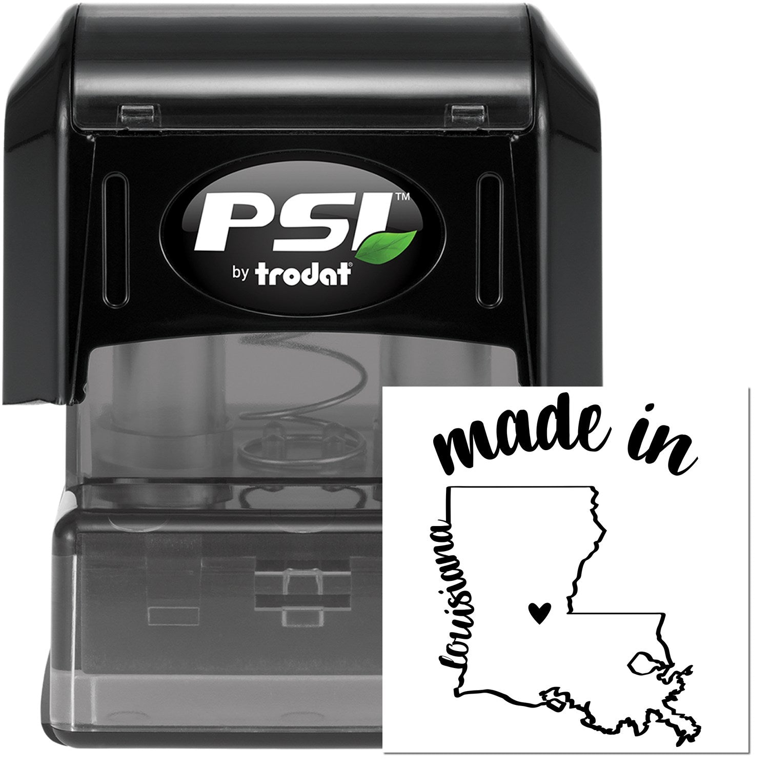 Made in Louisiana Stamp Pre-Inked, featuring a black casing with 'PSI' logo and a stamp design of Louisiana state outline with 'made in' text. Perfect for marking products with origin.