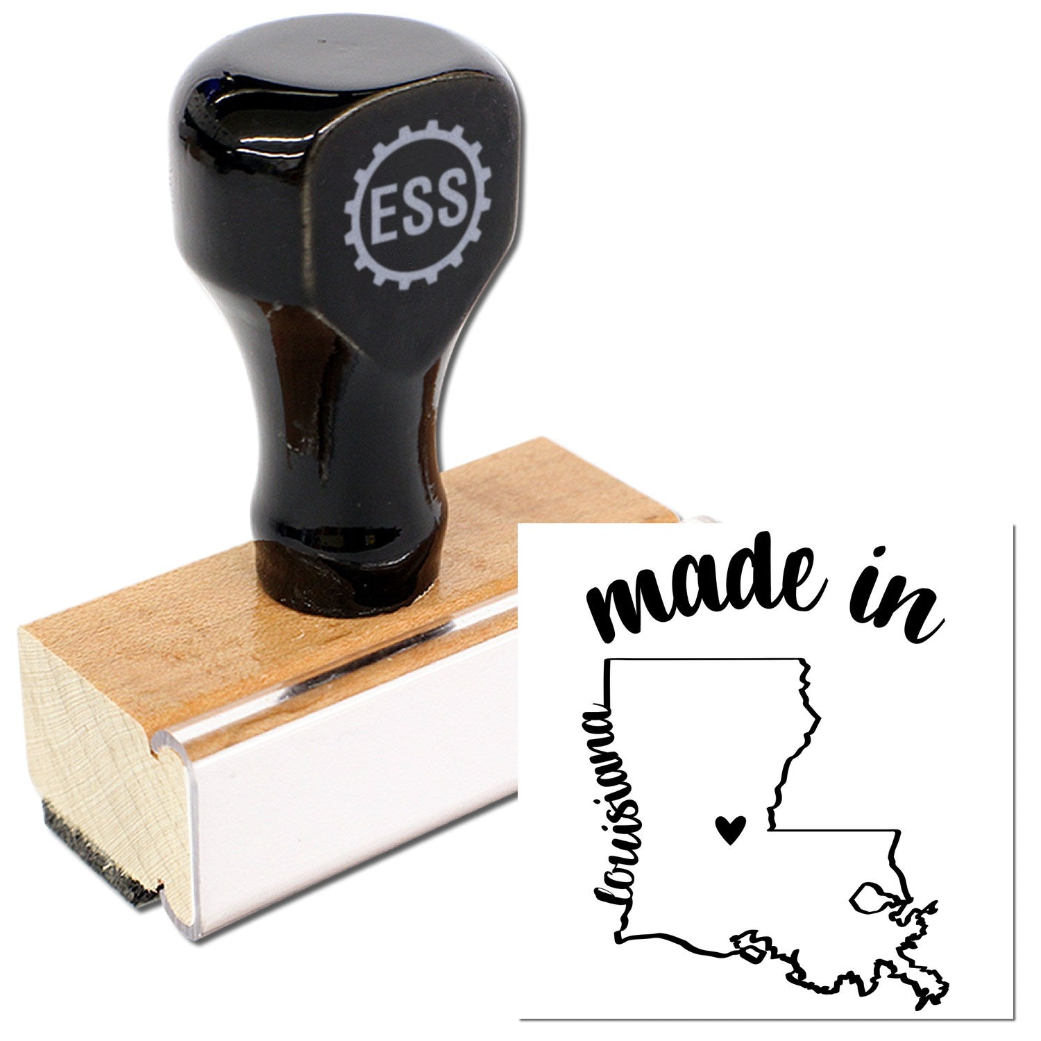 Made with Love in Louisiana Rubber Stamp featuring a wooden handle and black design, showcasing the state outline with a heart. Perfect for crafts and personalized projects.