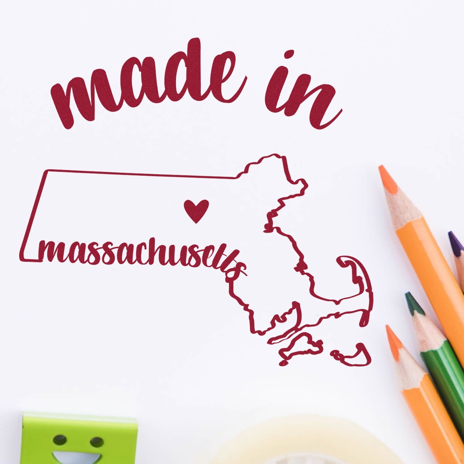 Slim Pre-Inked Stamp Massachusetts Made in Stamp featuring a red outline of Massachusetts with made in text, perfect for crafts and stationery.