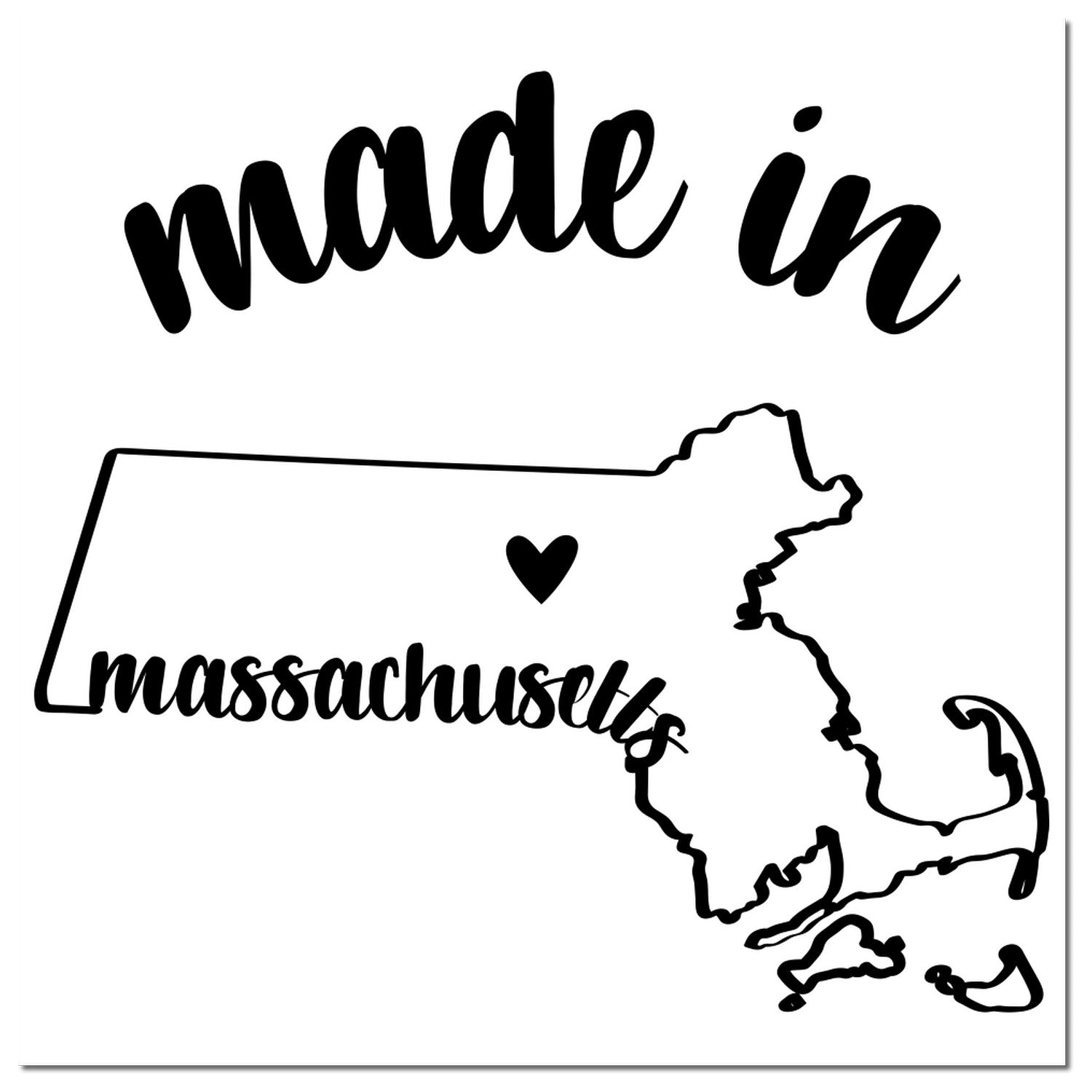 Made in Massachusetts Stamp Pre-Inked featuring a black outline of Massachusetts with 'made in' above and 'massachusetts' below, accented by a heart symbol.