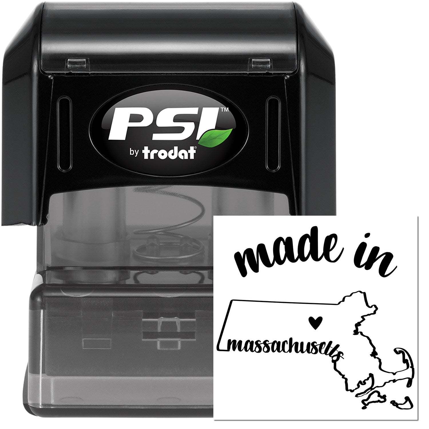 Made in Massachusetts Stamp Pre-Inked, featuring a black casing with a map outline and 'made in Massachusetts' text. Ideal for crafting and business use.