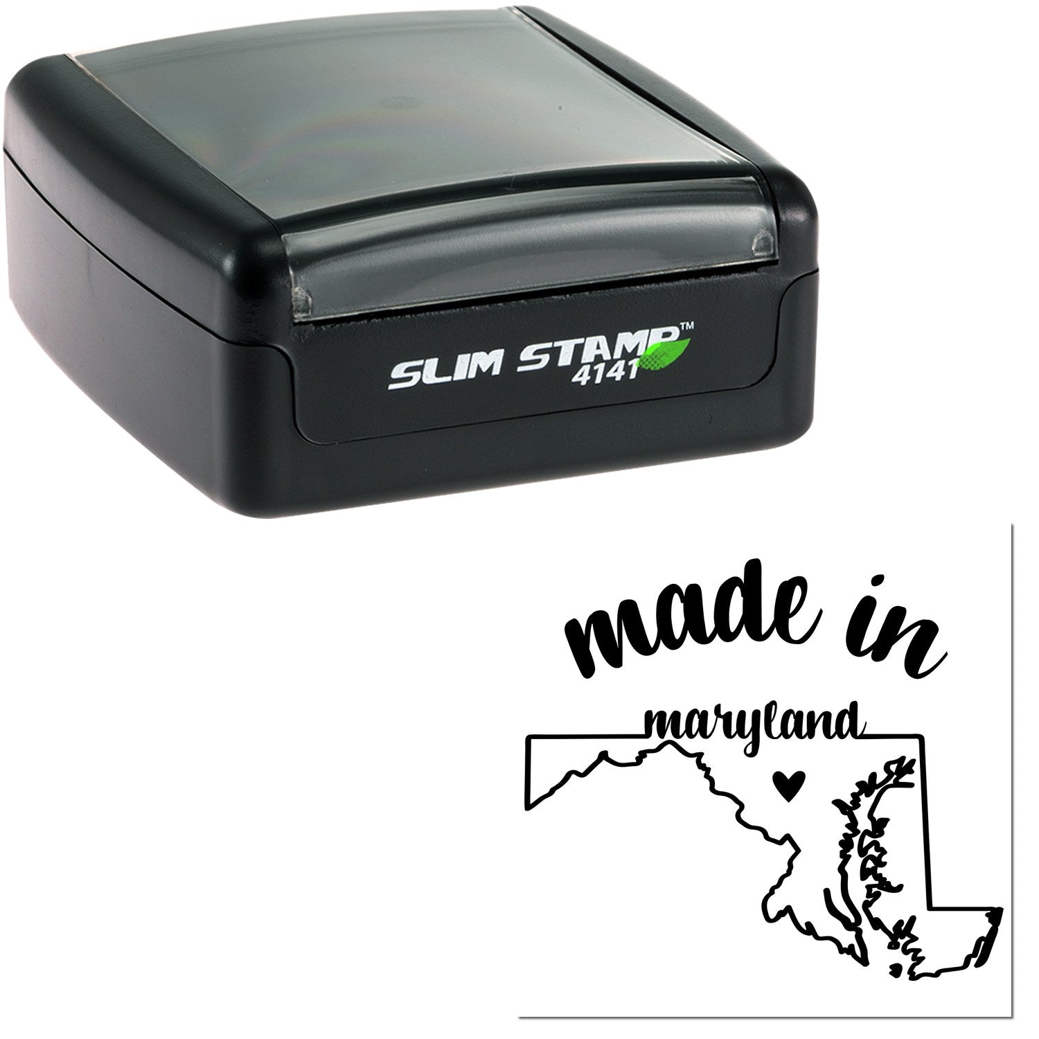 Slim Pre-Inked Stamp Maryland Made in Stamp, featuring a compact black design with 'made in Maryland' imprint and state outline. Ideal for efficient, high-quality stamping.