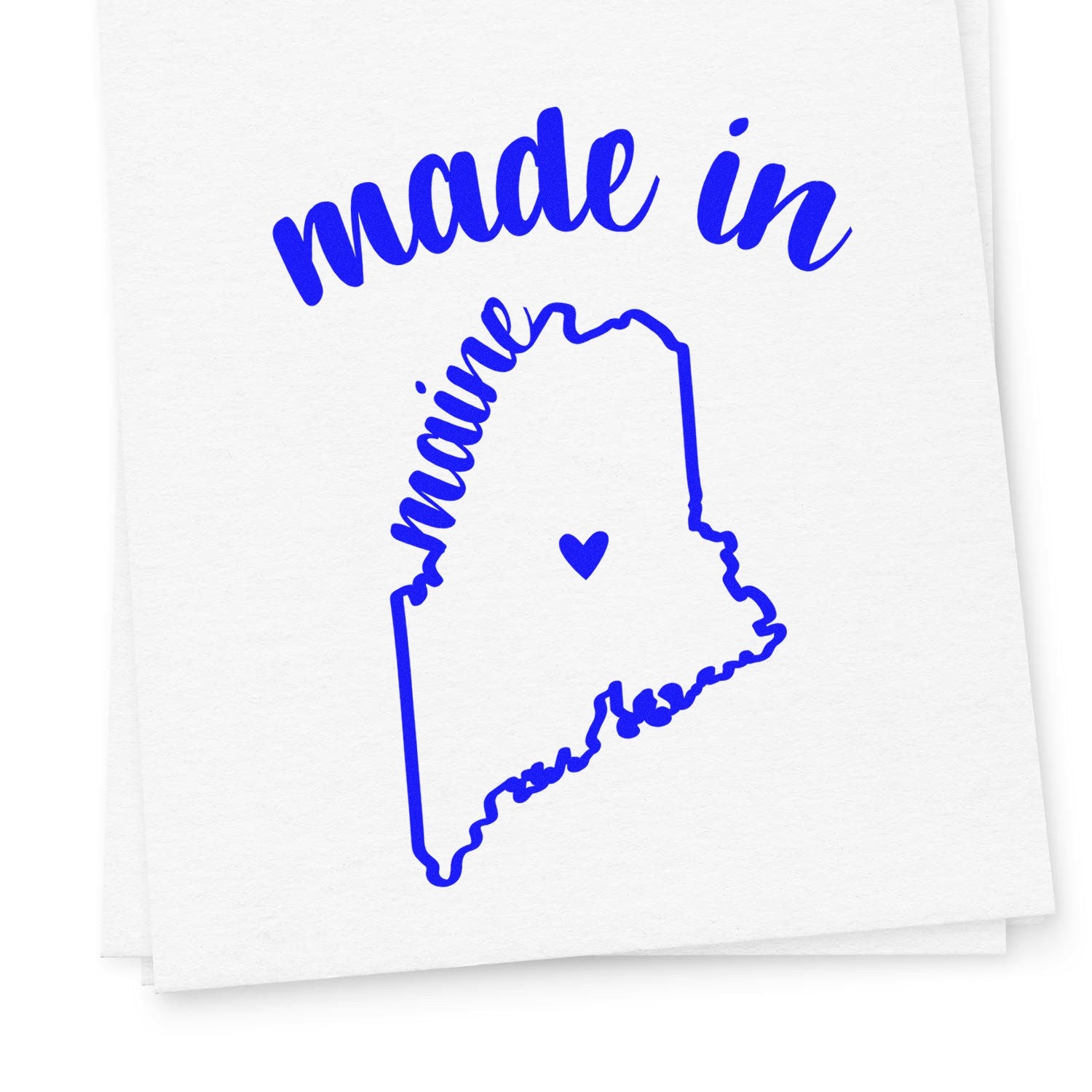 Self-Inking Handmade with Love in Maine Stamp featuring a blue outline of Maine with a heart, perfect for crafts and gifts.