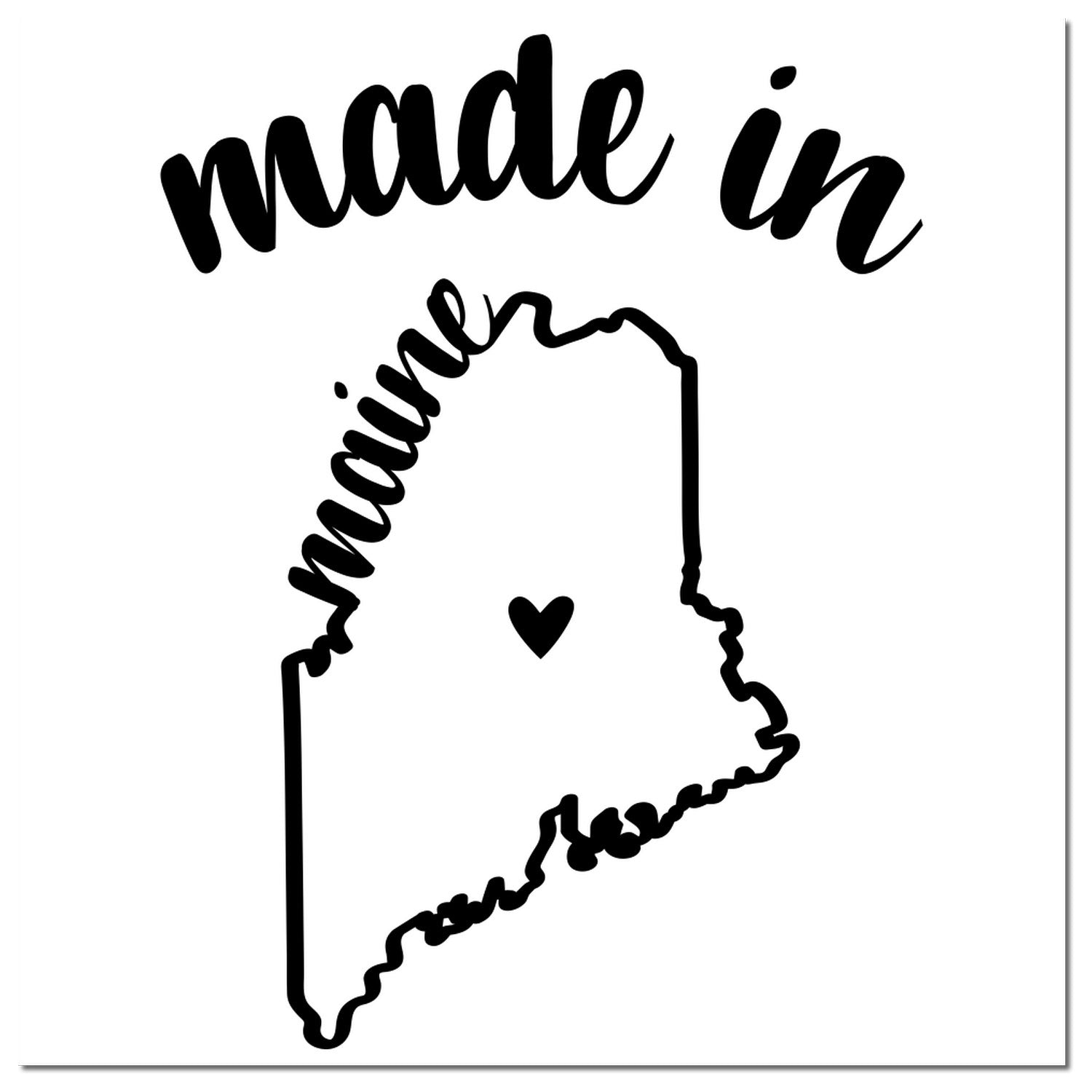 Self-Inking Handmade with Love in Maine Stamp featuring 'made in maine' text and heart design inside Maine outline. Perfect for crafts and gifts. Black ink imprint.