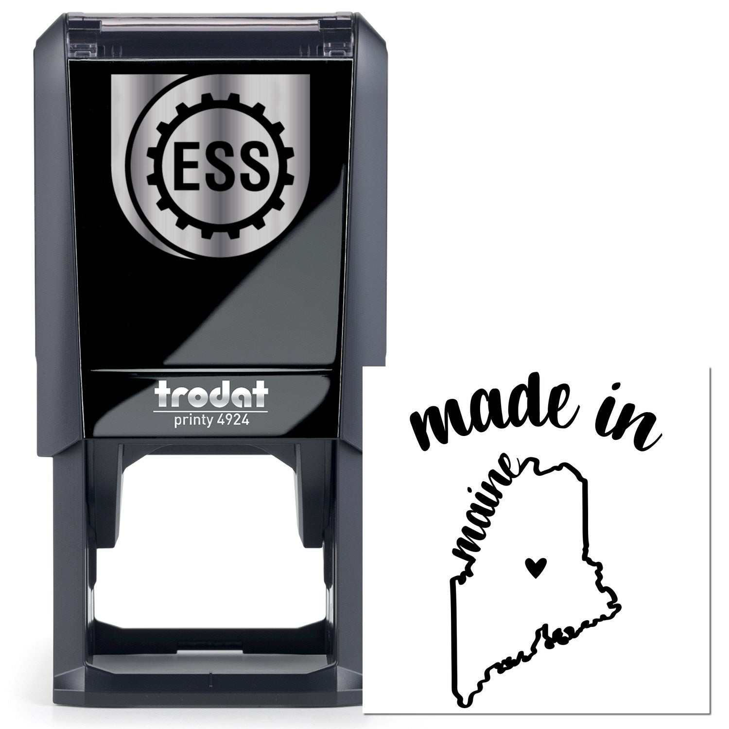 Self-Inking Handmade with Love in Maine Stamp featuring a black casing with ESS logo and a made in maine imprint design. Perfect for adding a personal touch to crafts and gifts.