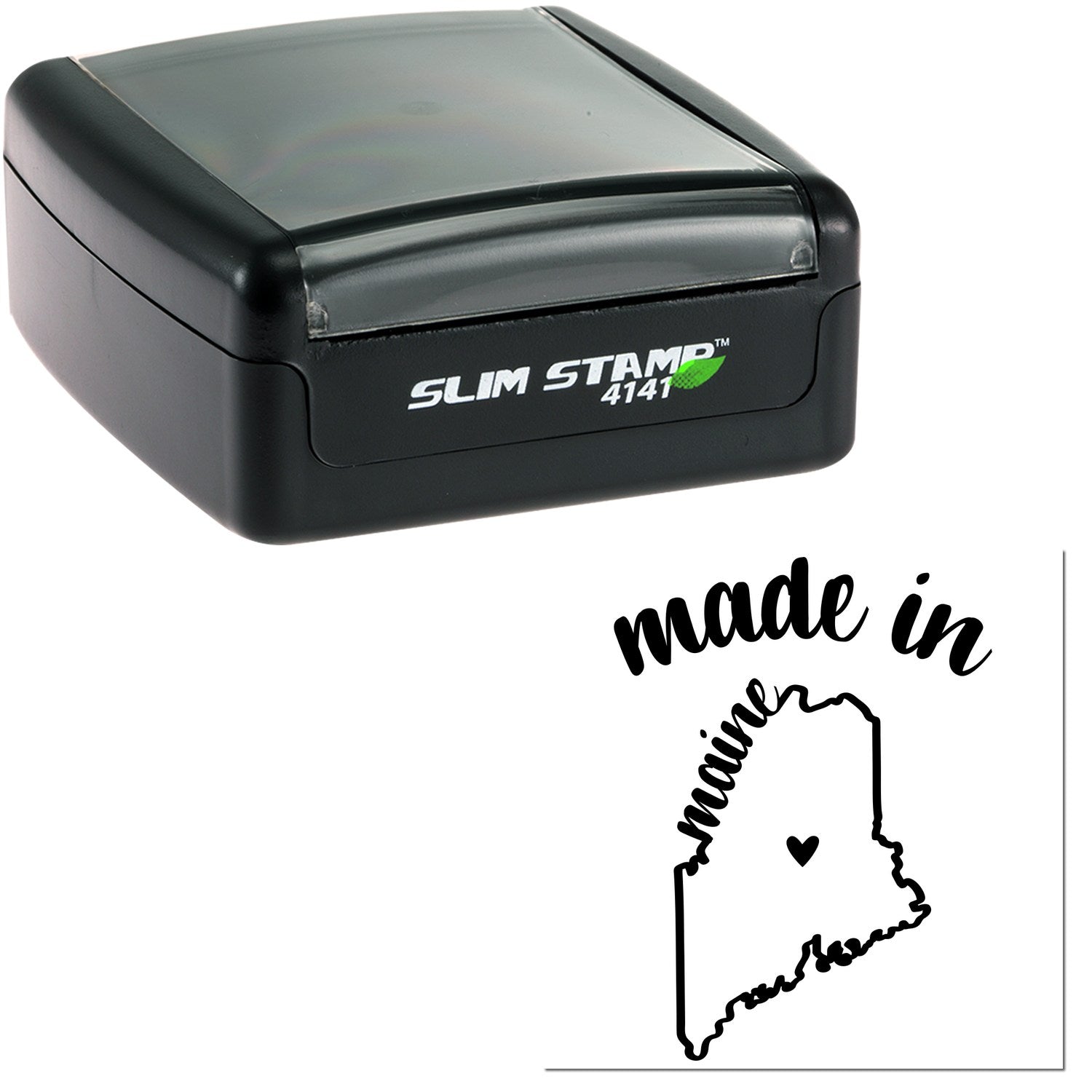 Slim Pre-Inked Stamp Maine Made in Stamp, featuring a sleek black design with Slim Stamp 4141 branding, and a made in maine imprint with a heart inside the state outline.