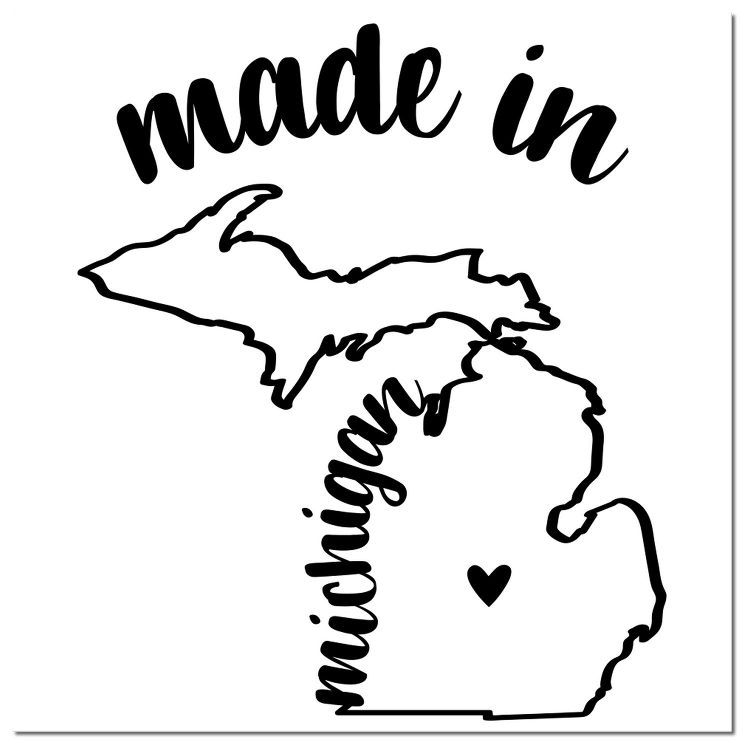 Self-Inking Handmade with Love in Michigan Stamp featuring a black outline of Michigan with 'made in' text and a heart symbol. Perfect for crafts and gifts.