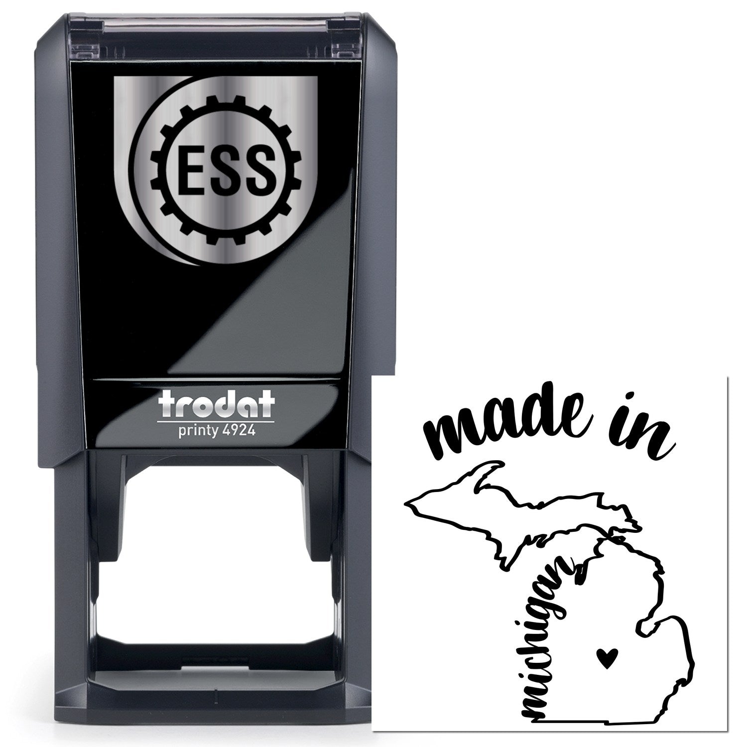 Self-Inking Handmade with Love in Michigan Stamp featuring a sleek black design with ESS logo and made in Michigan text, perfect for adding a personal touch to crafts and gifts.