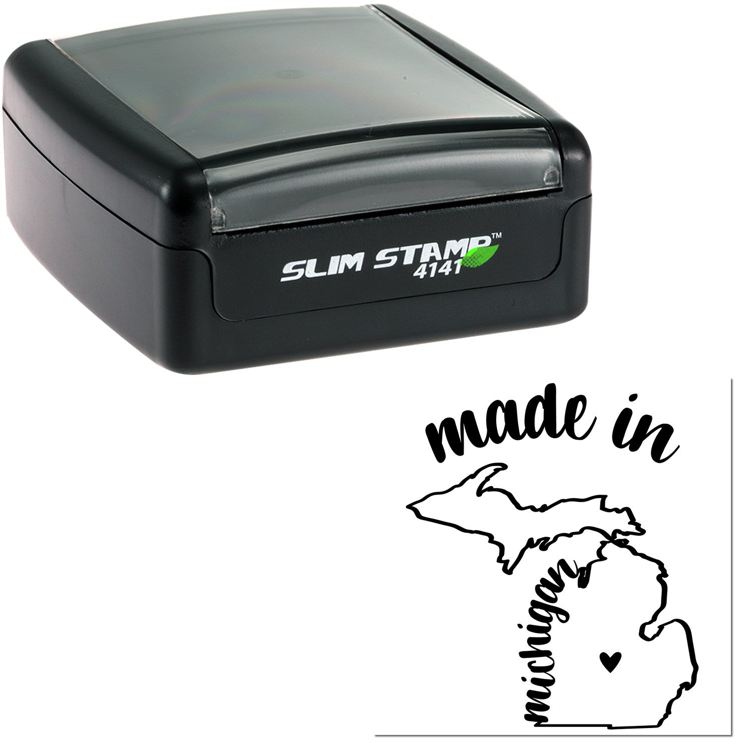 Slim Pre-Inked Stamp Michigan Made in Stamp, featuring a compact black design with 'made in Michigan' imprint and state outline. Ideal for efficient, clean stamping.