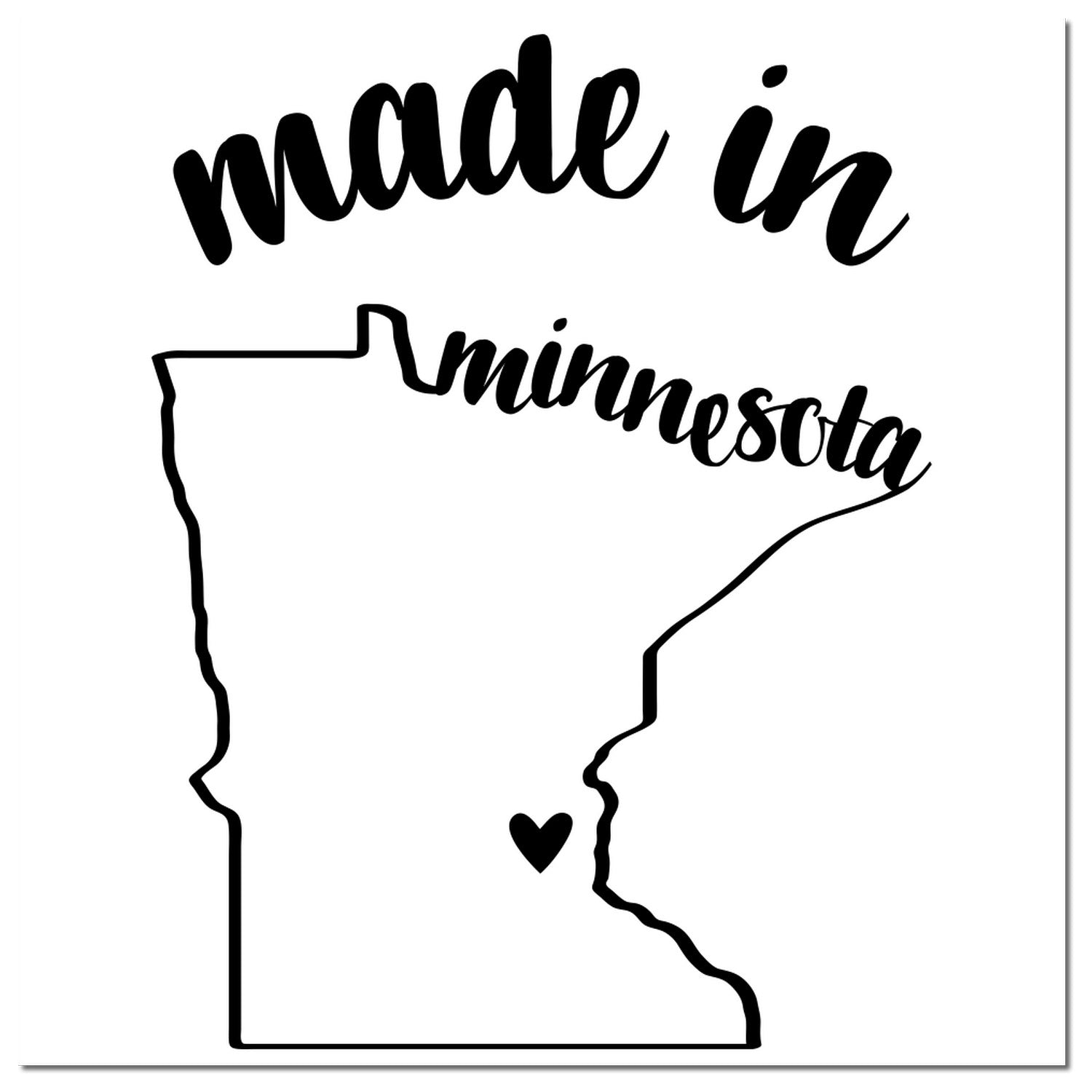 Made in Minnesota Stamp Pre-Inked featuring a black outline of Minnesota with 'made in' text above and a heart symbol inside the state outline.