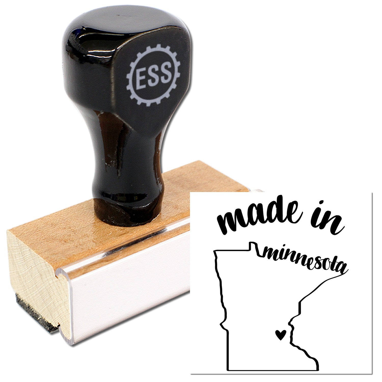 Made with Love in Minnesota Rubber Stamp featuring a wooden handle and black top with ESS logo, alongside a stamped image of Minnesota's outline with made in minnesota text.