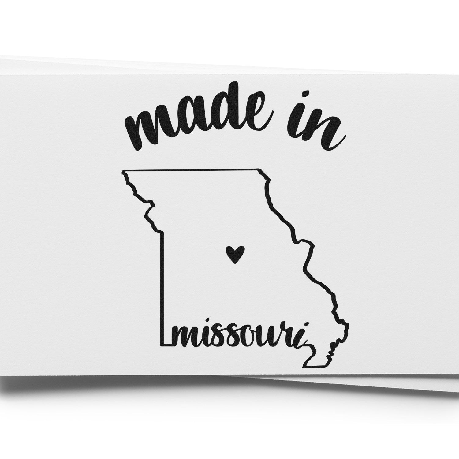 Made with Love in Missouri Rubber Stamp featuring a heart inside the state outline, perfect for crafts and branding. Black ink on white background.