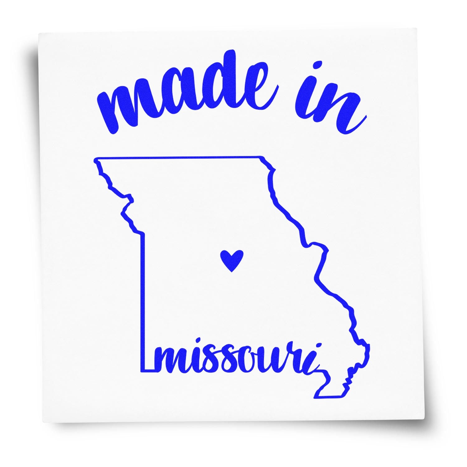 Self-Inking Handmade with Love in Missouri Stamp featuring a blue outline of Missouri with a heart, perfect for crafts and gifts.