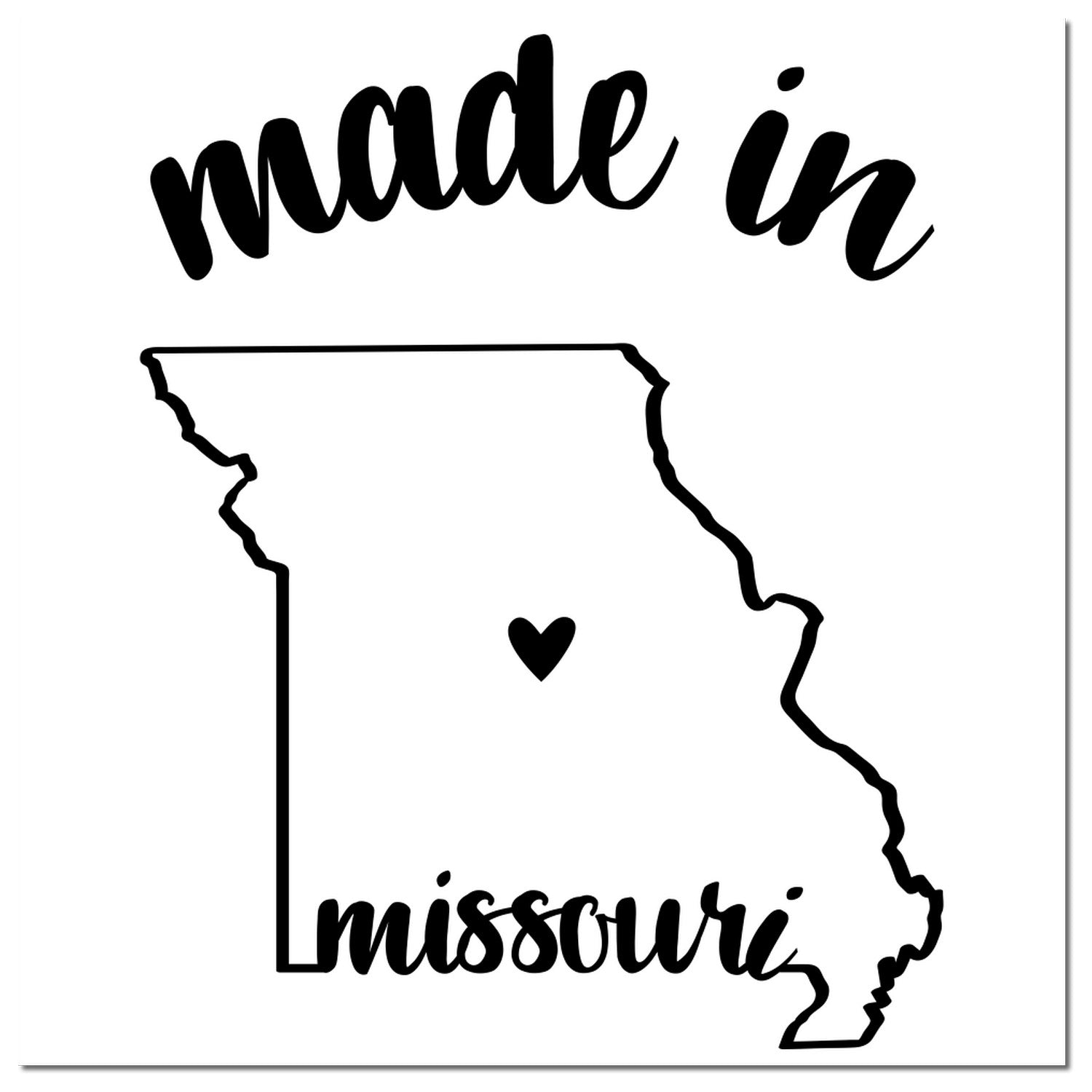 Made in Missouri Stamp Pre-Inked featuring a black outline of Missouri with a heart in the center, and 'made in missouri' text above and below the state outline.