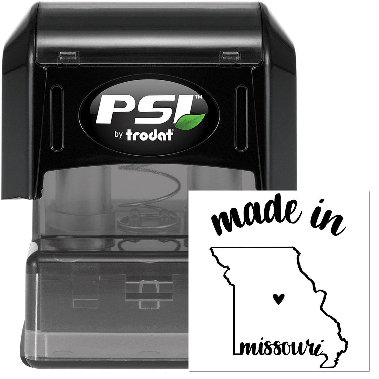 Made in Missouri Stamp Pre-Inked, featuring a black casing with 'PSI by Trodat' logo and a stamp design of Missouri state outline with 'made in missouri' text and heart symbol.