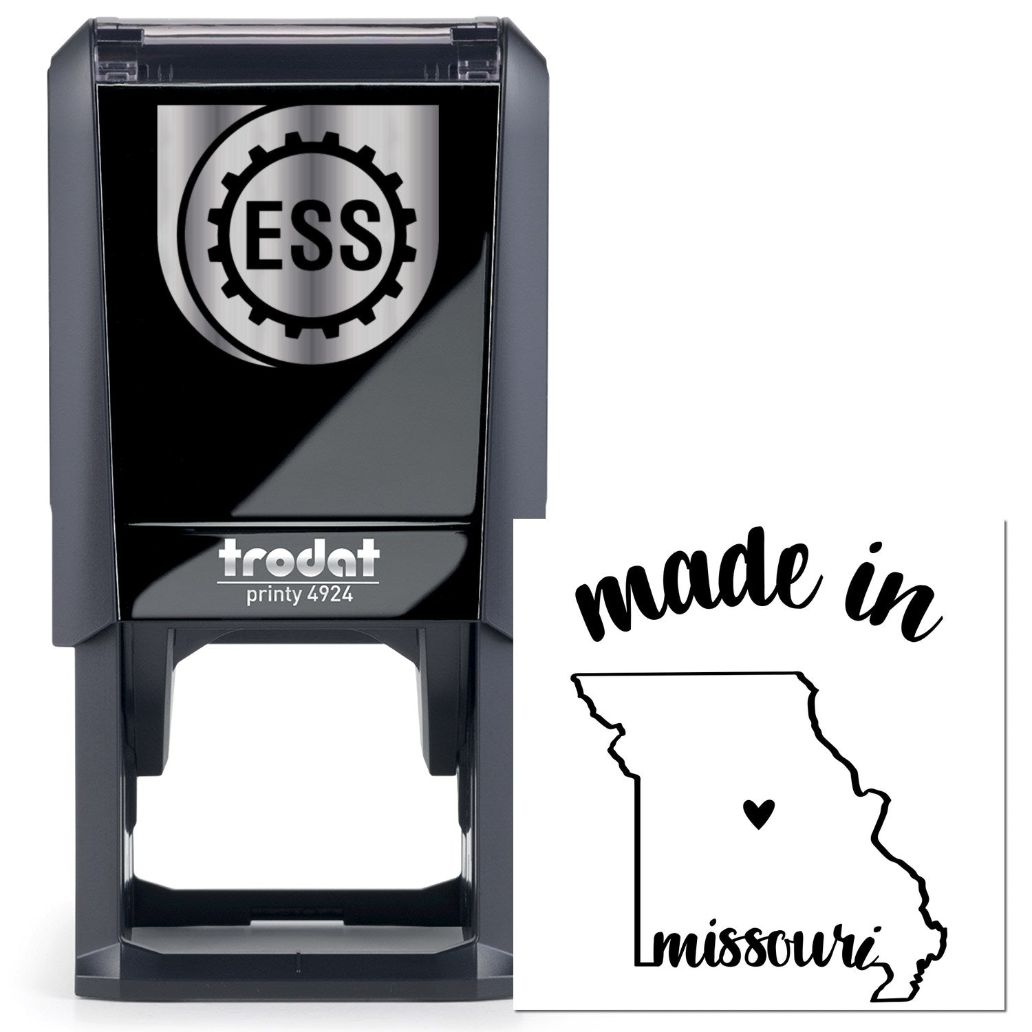 Self-Inking Handmade with Love in Missouri Stamp featuring a sleek black design with ESS logo, map outline, and made in Missouri text. Perfect for personalized stamping needs.