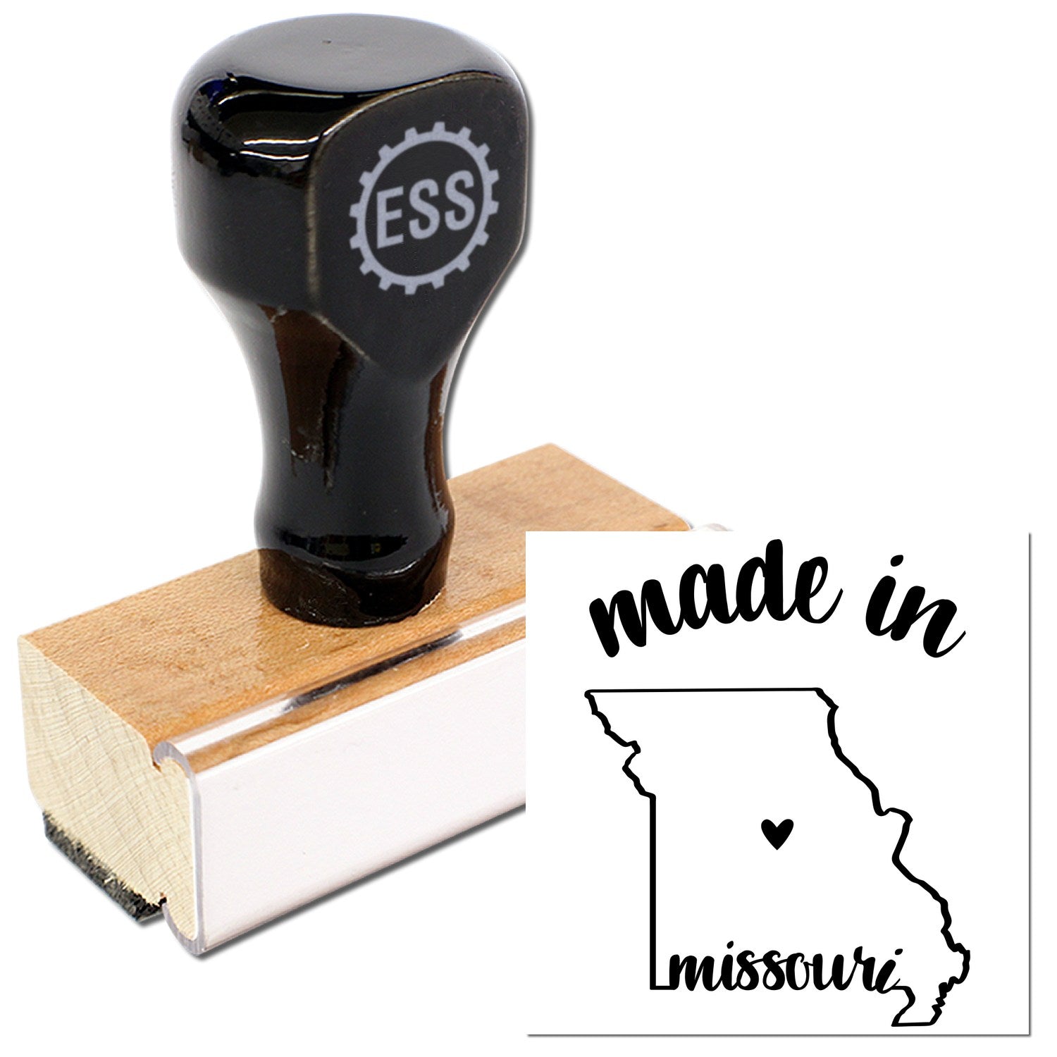 Made with Love in Missouri Rubber Stamp featuring a wooden handle and black rubber design, showcasing the state outline with 'made in Missouri' text and heart graphic.