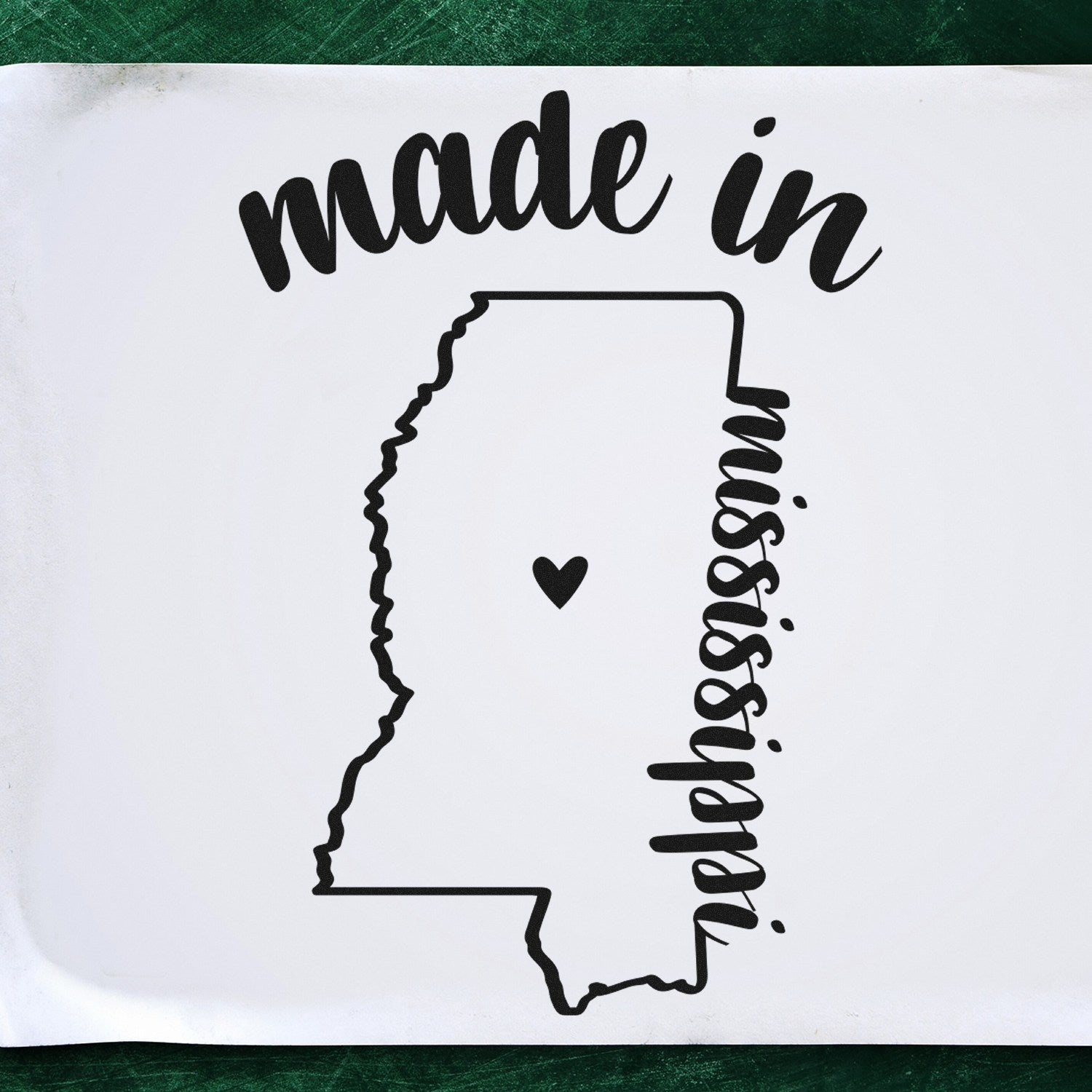 Made with Love in Mississippi Rubber Stamp featuring a heart inside the state outline, with 'made in Mississippi' text in stylish font on a white background.