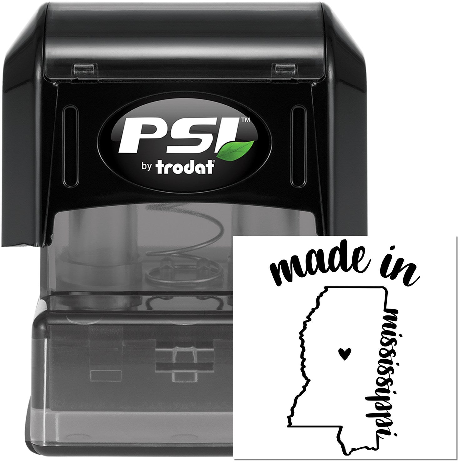 Made in Mississippi Stamp Pre-Inked, featuring a black stamp with a map outline and heart, perfect for adding a personalized touch to documents.