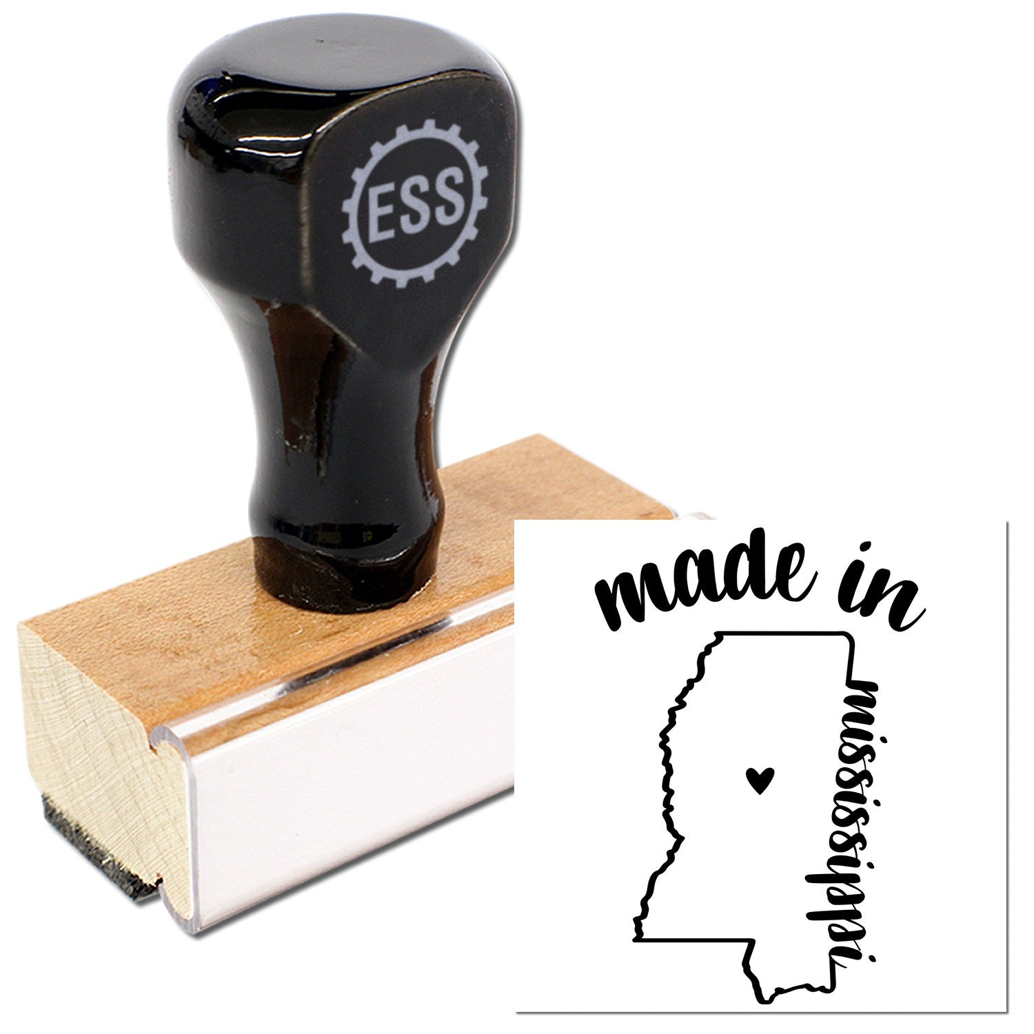 Made with Love in Mississippi Rubber Stamp featuring a wooden handle and black design, showcasing the state outline and text. Perfect for crafts and personalized projects.