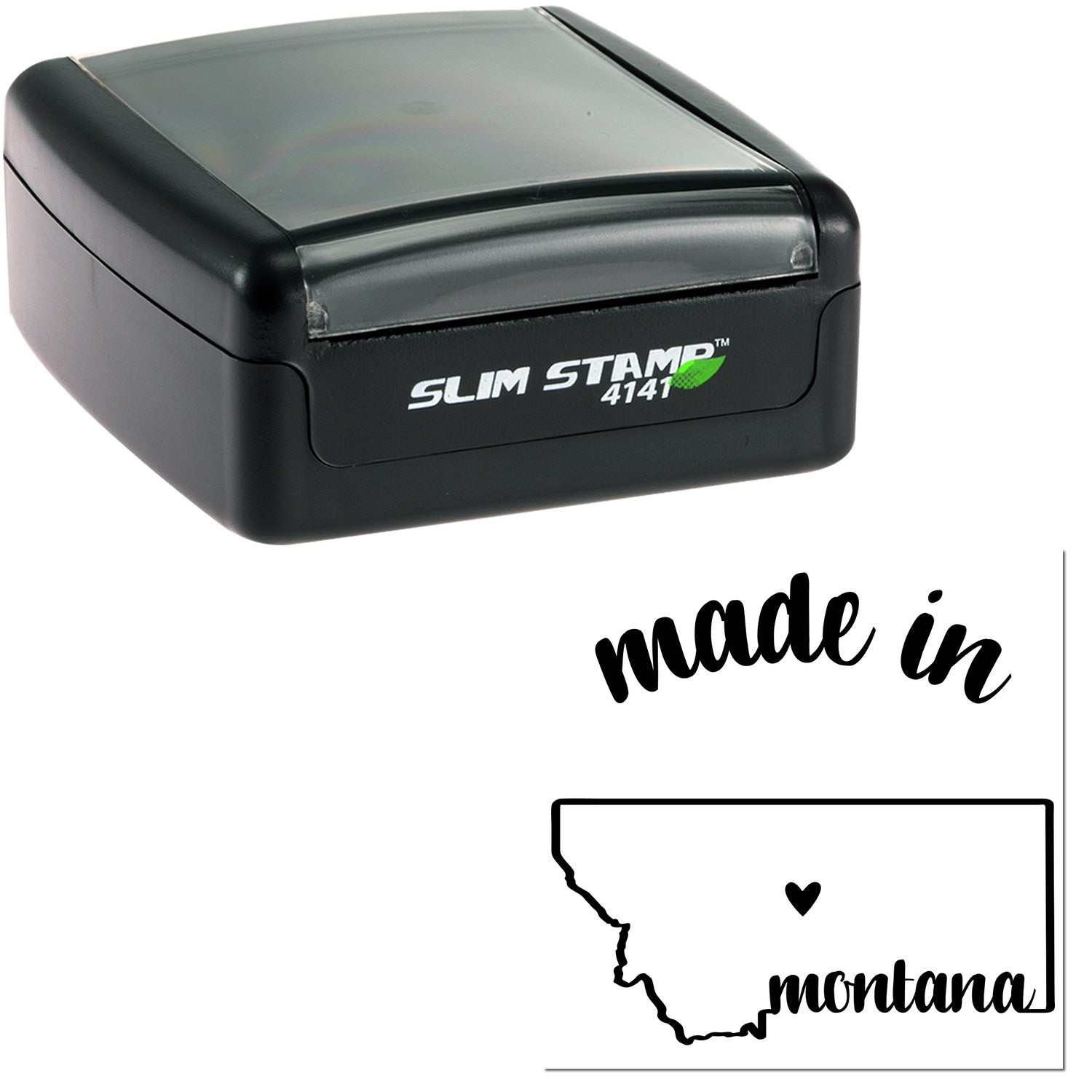 Slim Pre-Inked Stamp Montana Made in Stamp, black casing, compact design, featuring 'made in Montana' imprint with state outline and heart symbol.