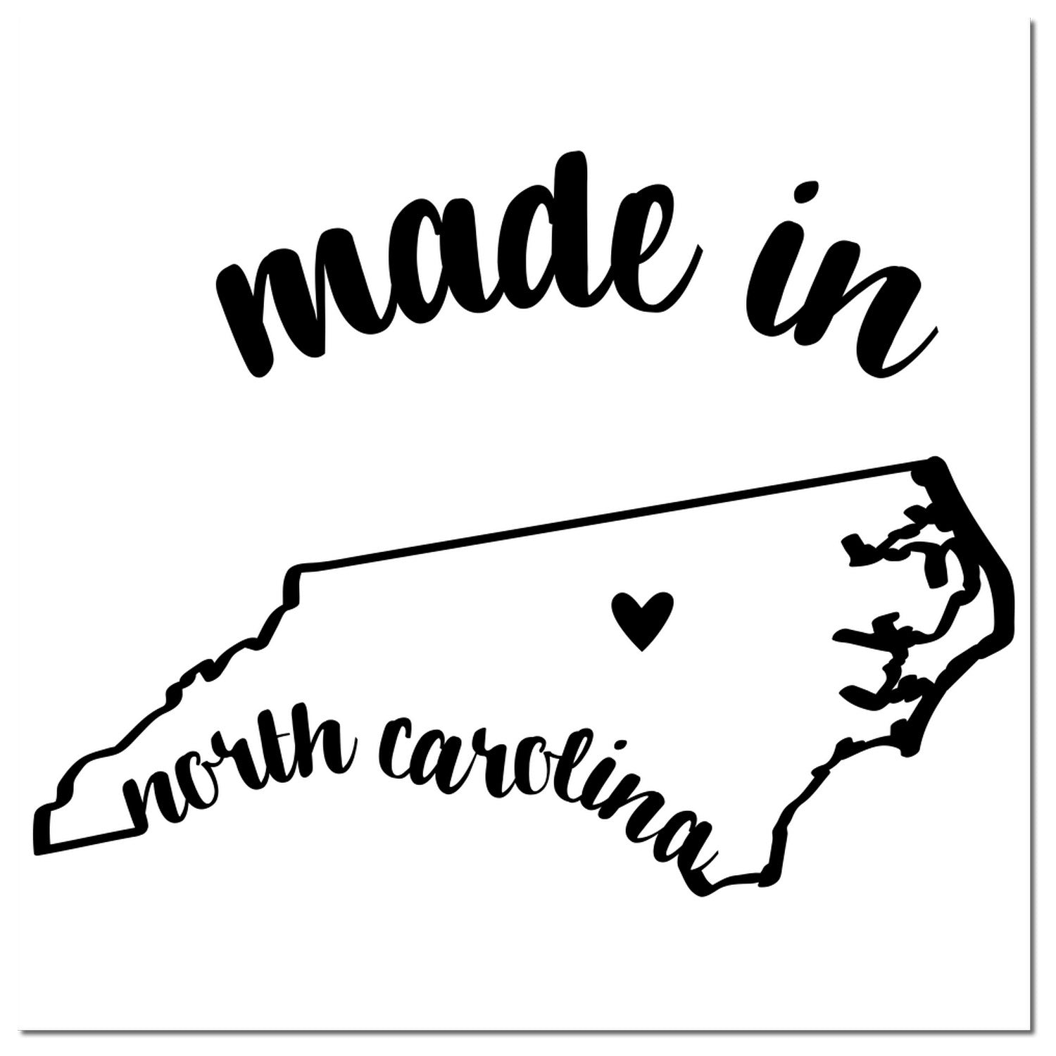 Made with Love in North Carolina Rubber Stamp featuring a heart and state outline design, perfect for crafts and gifts. Black imprint on a white background.