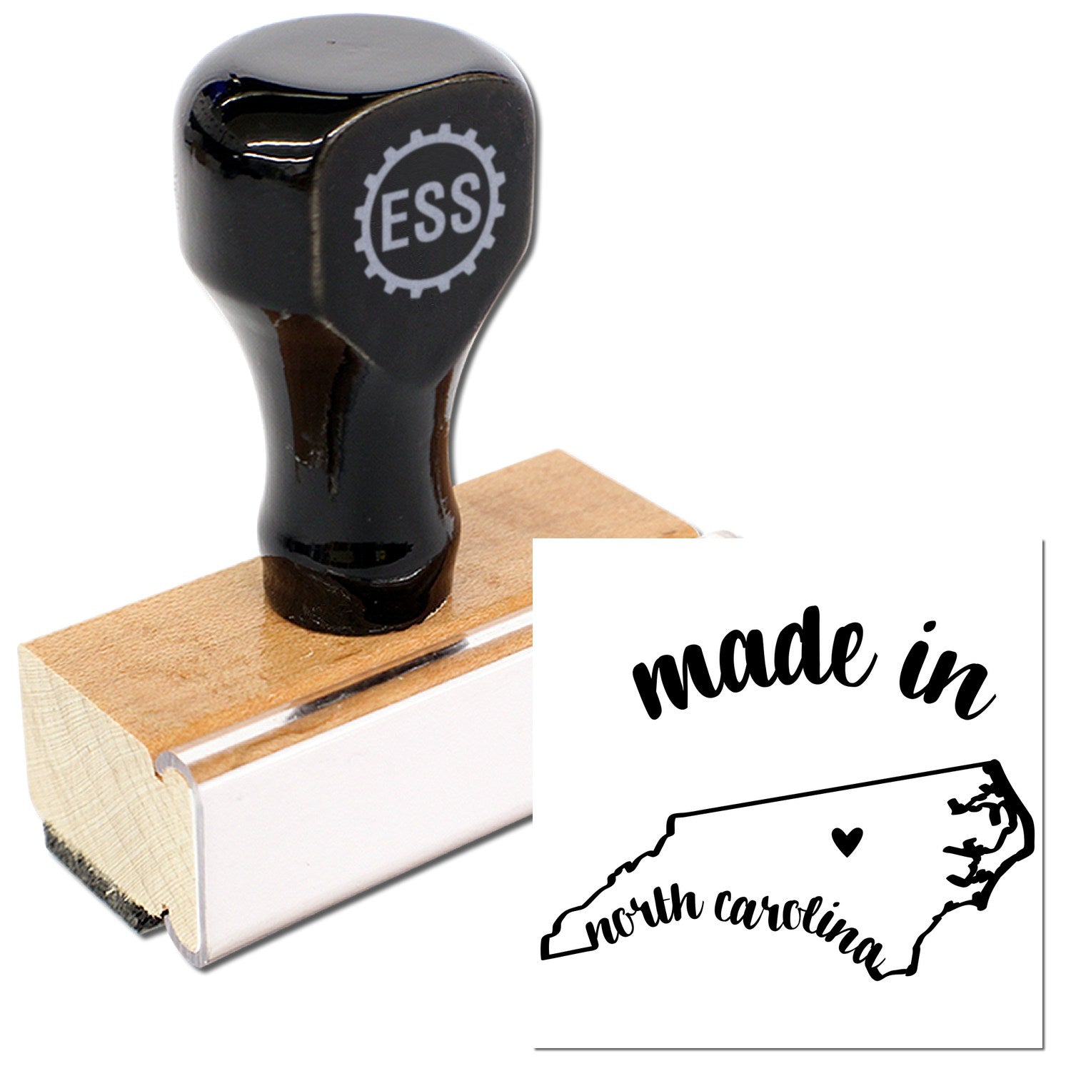 Made with Love in North Carolina Rubber Stamp featuring a wooden handle and black imprint design of North Carolina with heart. Perfect for crafts and personalized projects.