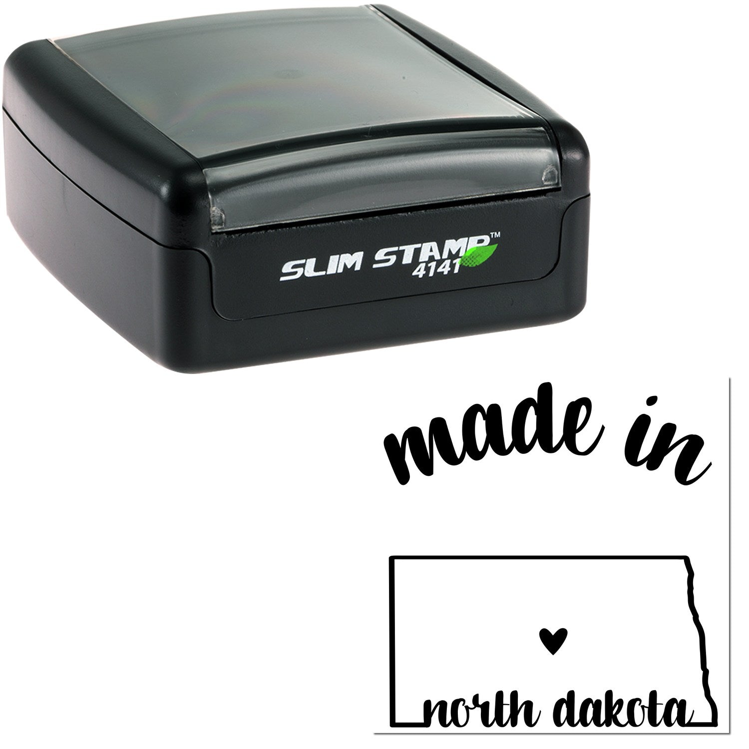 Slim Pre-Inked Stamp North Dakota Made in Stamp, black casing, compact design, with 'Made in North Dakota' imprint featuring a heart and state outline.