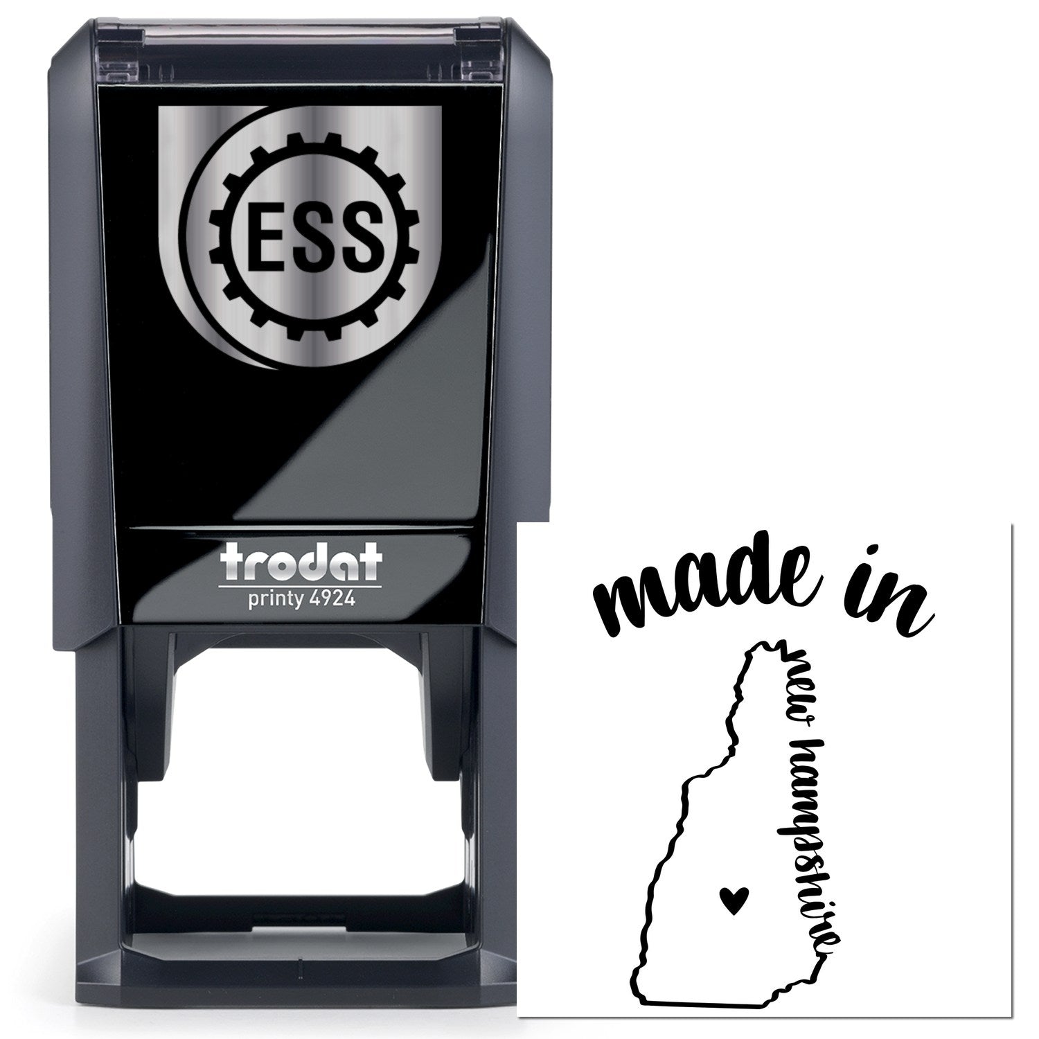 Self-Inking Handmade with Love in New Hampshire Stamp featuring a sleek black design with ESS logo, perfect for adding a personal touch to crafts and gifts.