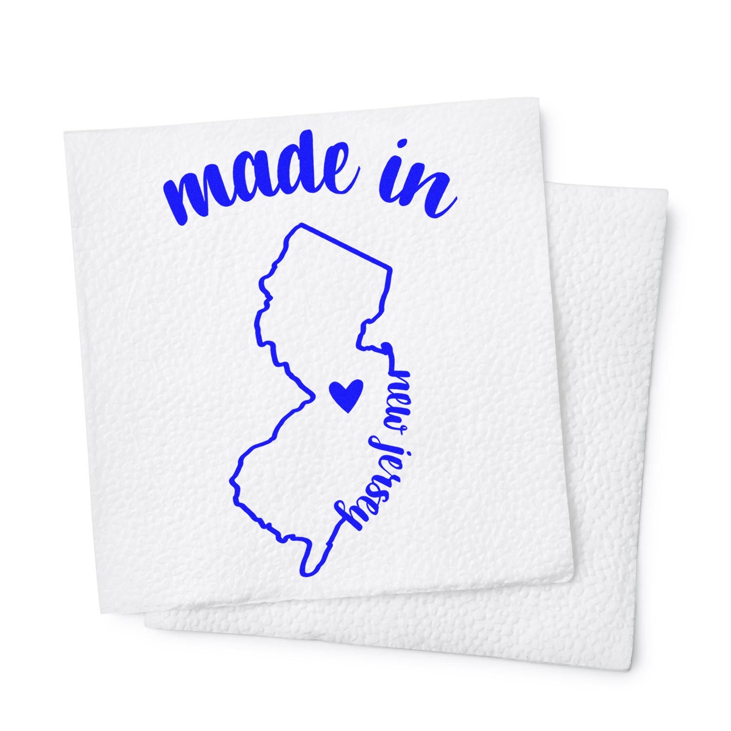 Self-Inking Handmade with Love in New Jersey Stamp featuring a blue outline of New Jersey with a heart, and the words 'made in new jersey' on a white background.