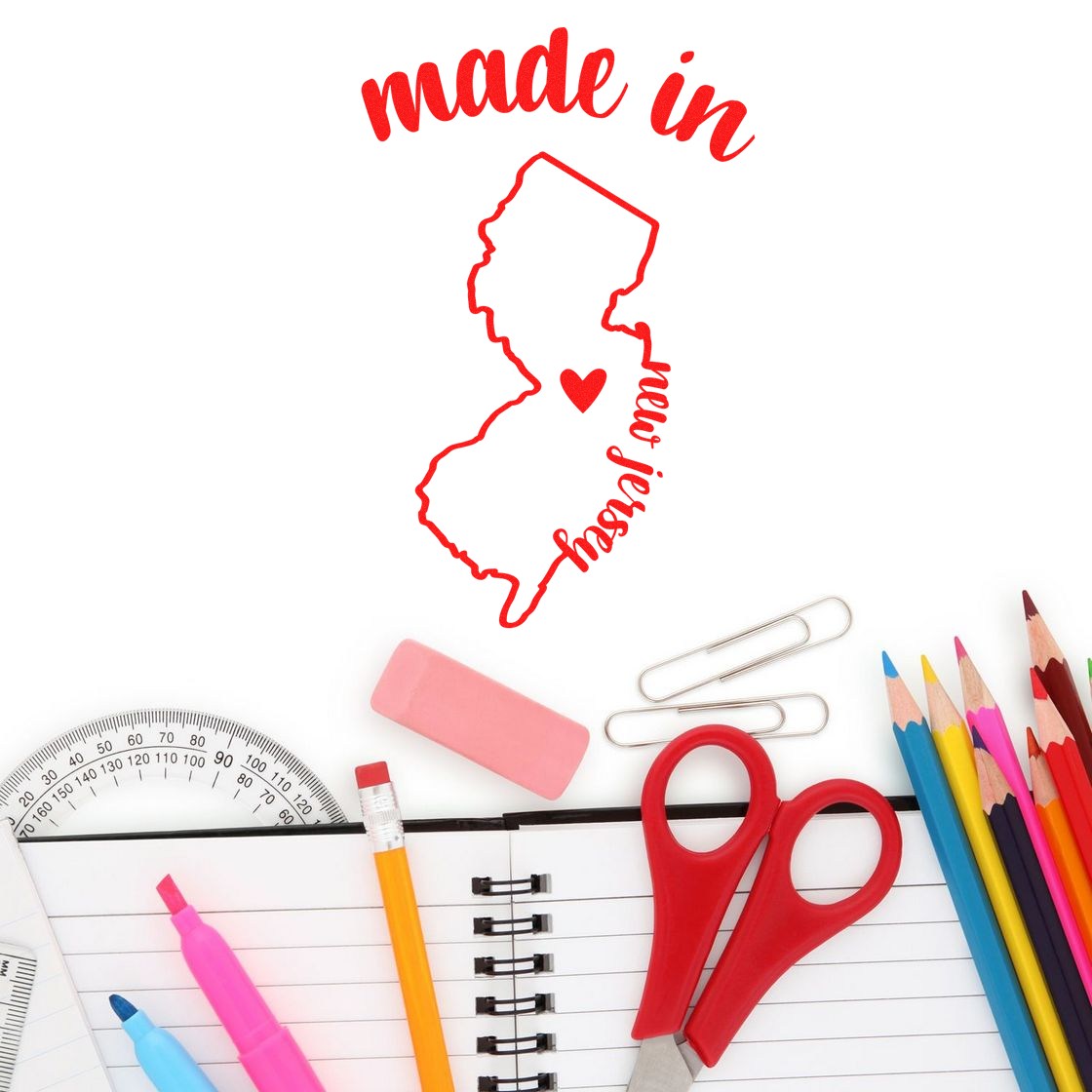 Made with Love in New Jersey Rubber Stamp featuring a red outline of New Jersey with a heart, surrounded by stationery items like pencils, scissors, and a notebook.