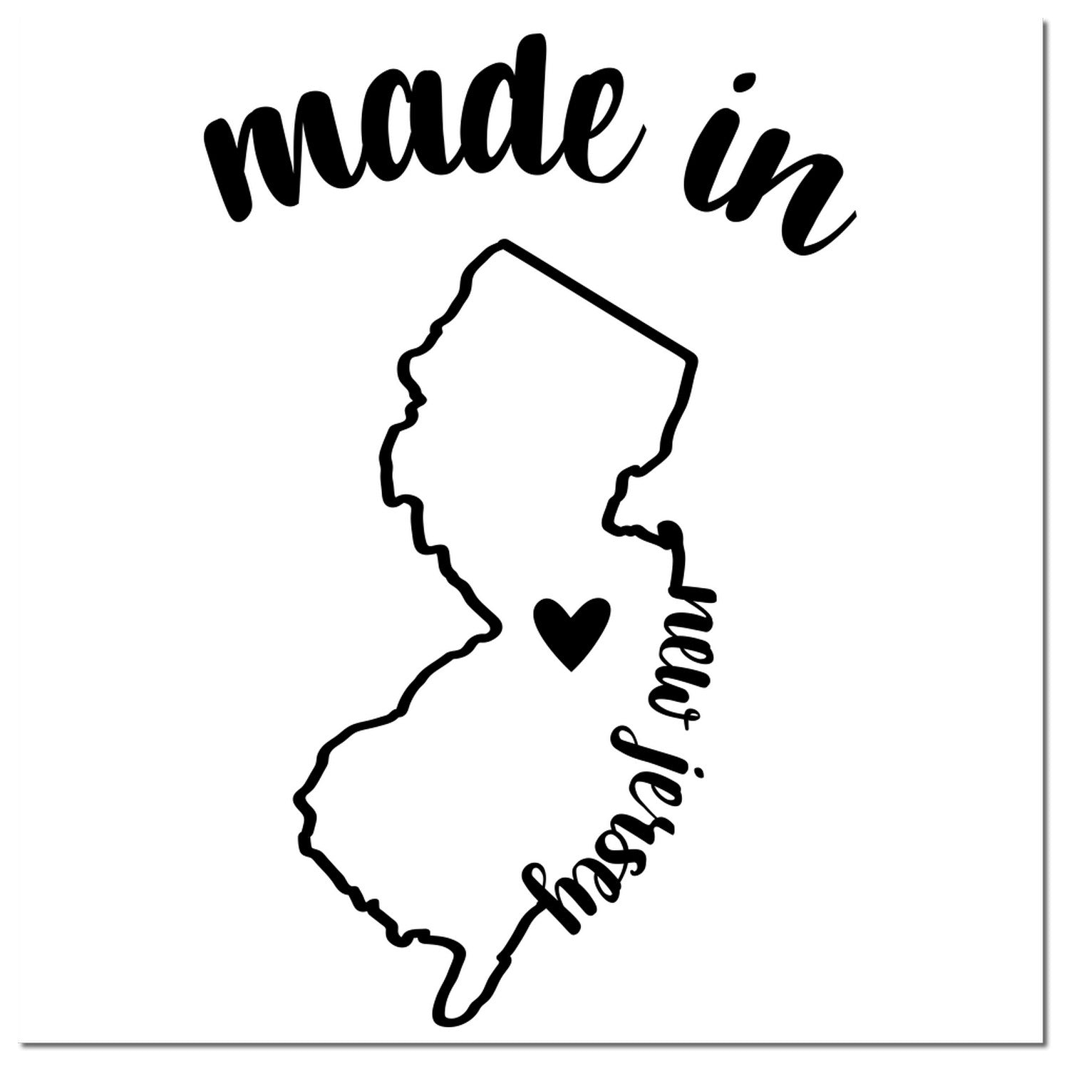 Made in New Jersey Stamp Pre-Inked featuring a black outline of New Jersey with a heart and stylish text. Perfect for adding a local touch to your projects.