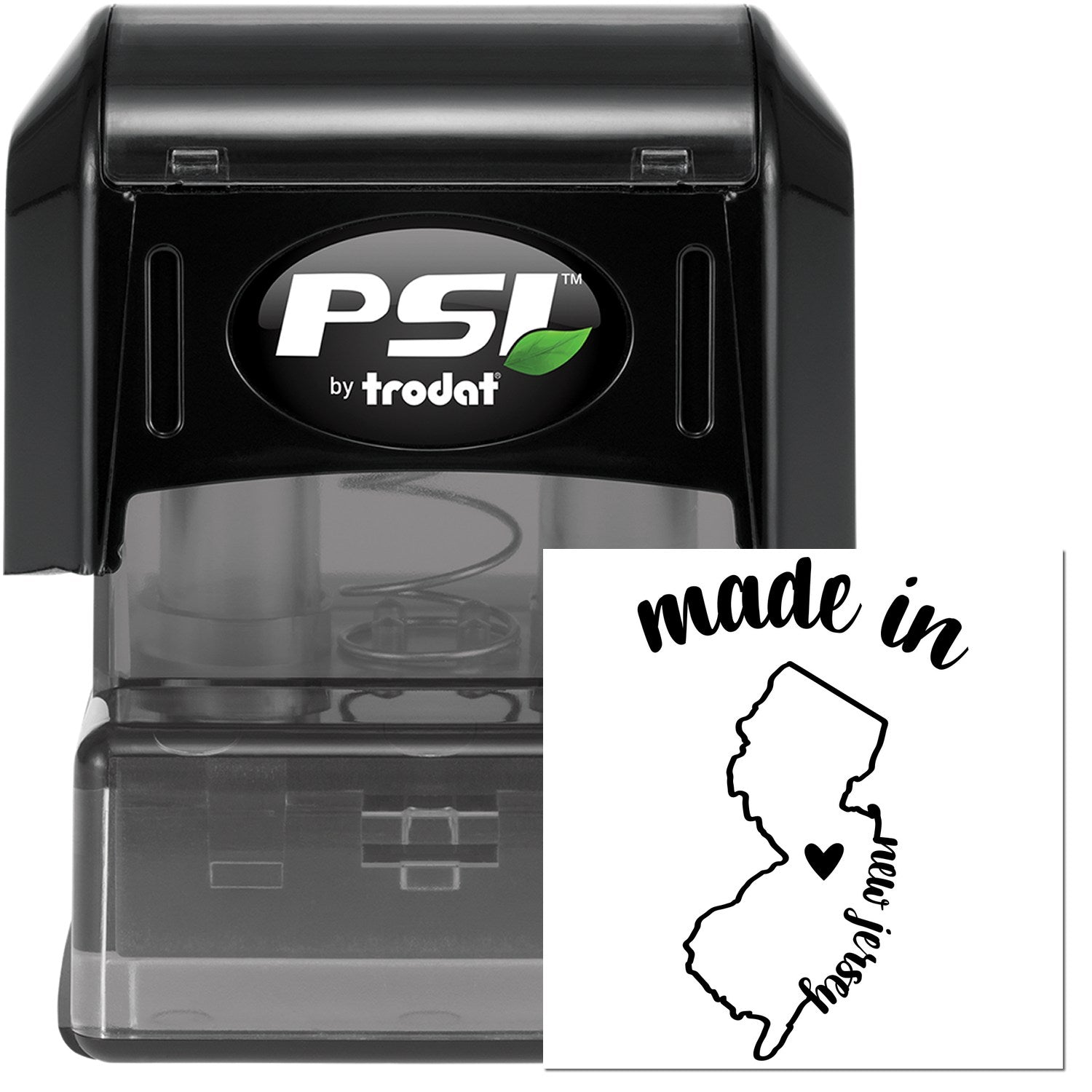 Made in New Jersey Stamp Pre-Inked, featuring a black casing and a stamp design with the outline of New Jersey and 'made in' text. Ideal for adding a local touch to your projects.