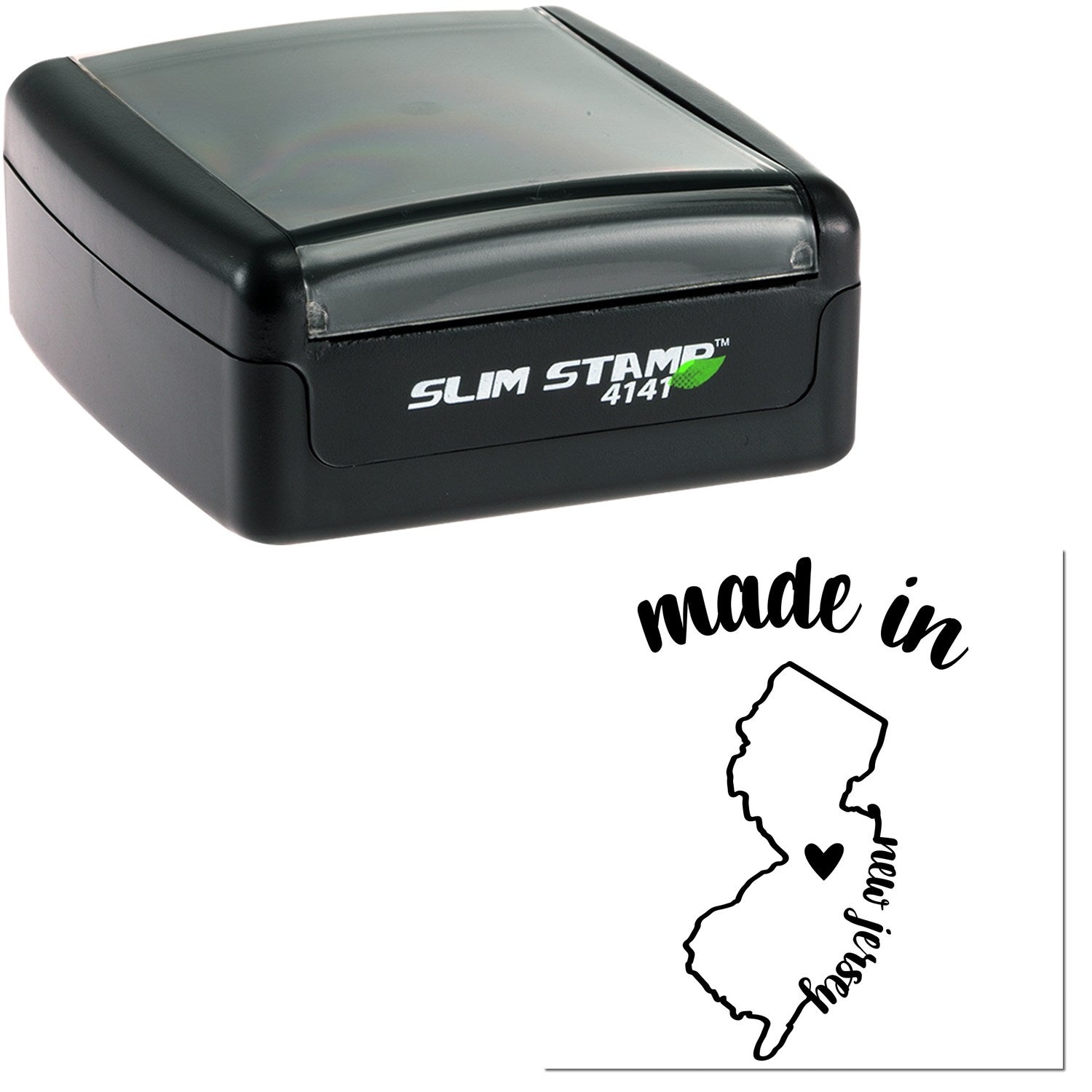 Slim Pre-Inked Stamp New Jersey Made in Stamp, black casing, compact design, with 'made in New Jersey' imprint featuring state outline and heart.