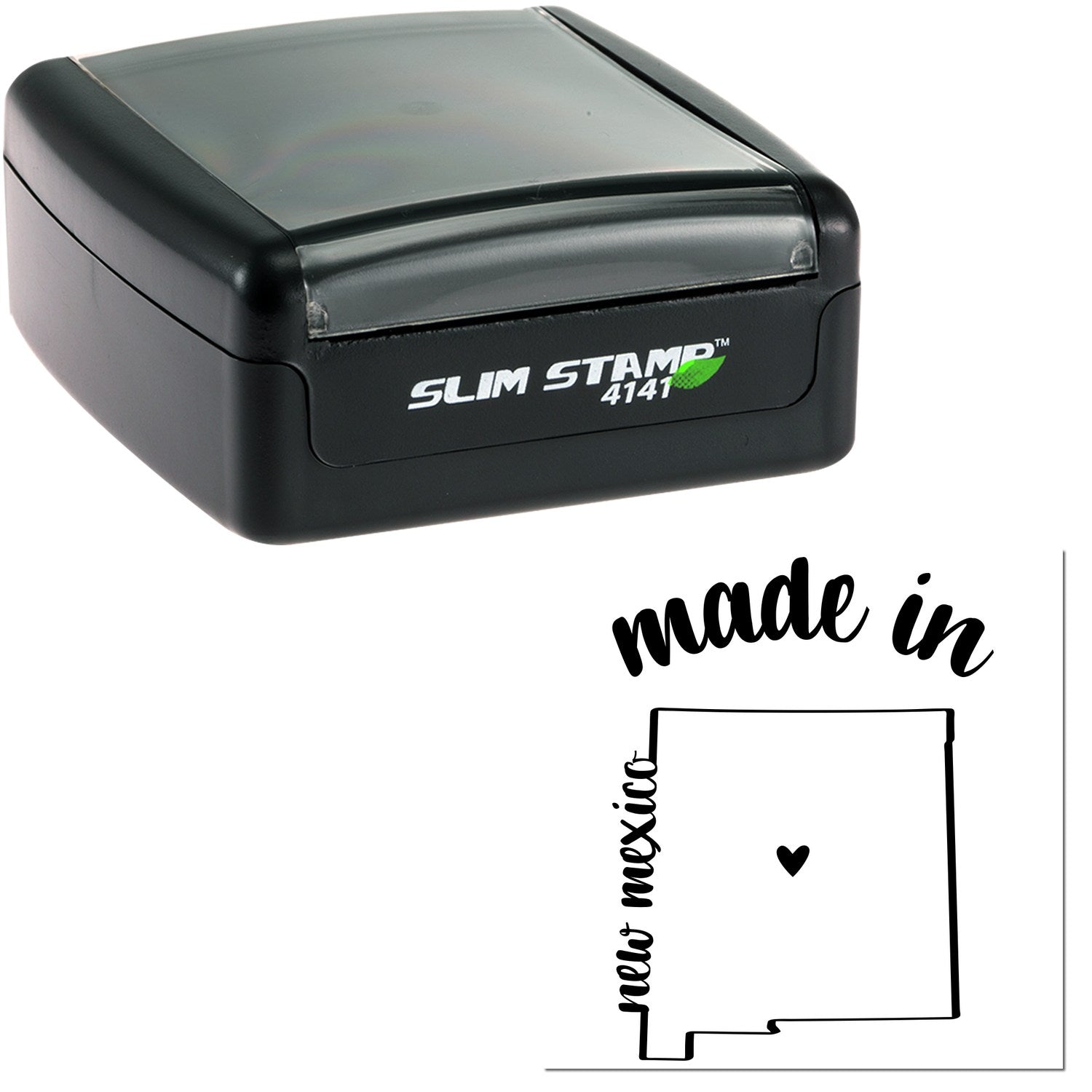 Slim Pre-Inked Stamp New Mexico Made in Stamp, featuring a sleek black design with Slim Stamp 4141 branding, and a New Mexico outline with made in text and heart symbol.