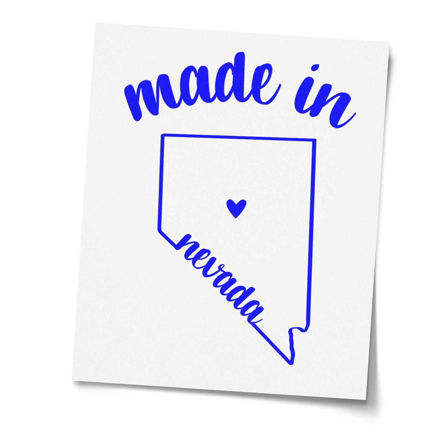 Made with Love in Nevada Rubber Stamp featuring a blue outline of Nevada with 'made in' and 'Nevada' text, perfect for crafts and gifts. Ideal for adding a personal touch.