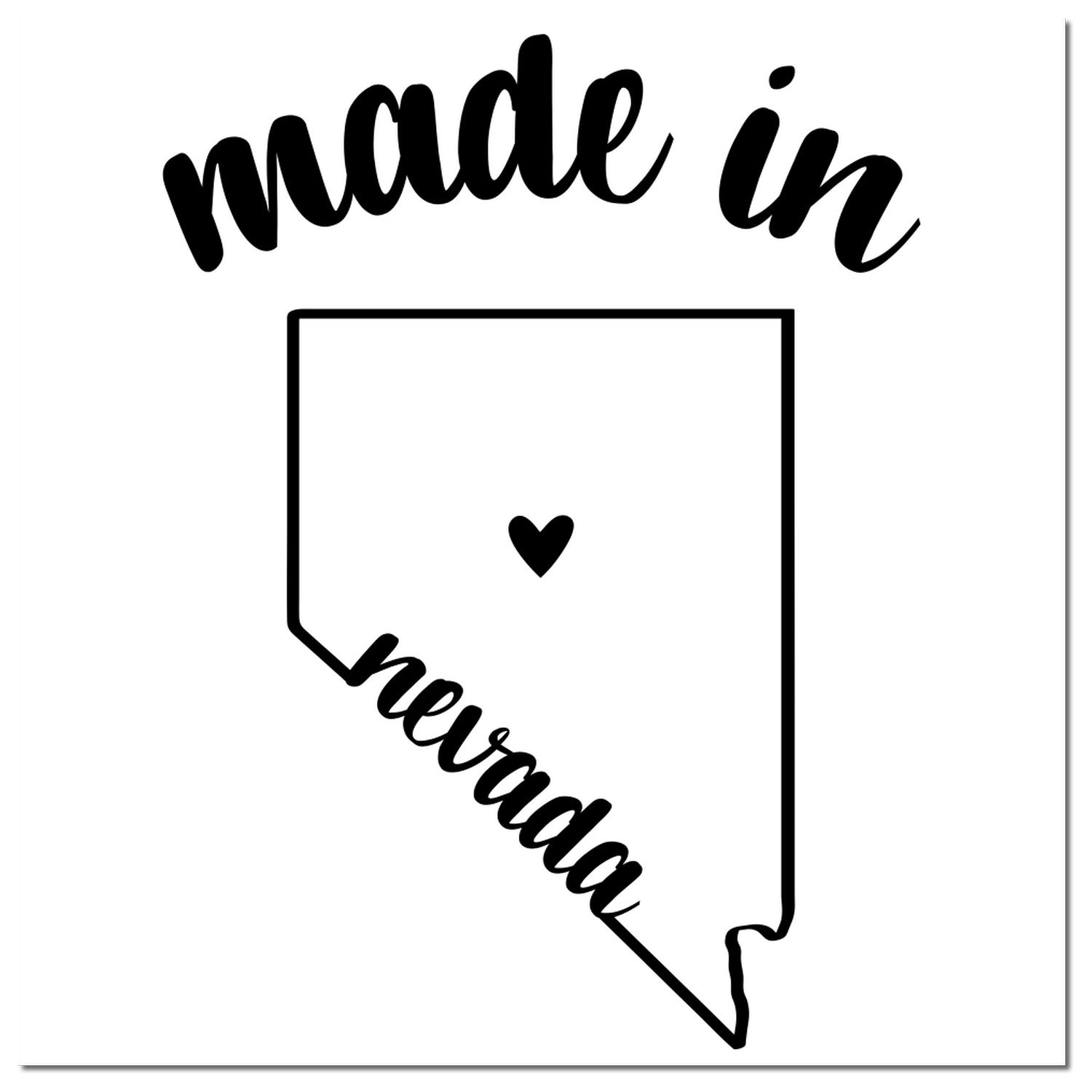 Made with Love in Nevada Rubber Stamp featuring a heart inside the outline of Nevada with 'made in' above and 'nevada' below. Perfect for crafts and personalized projects.